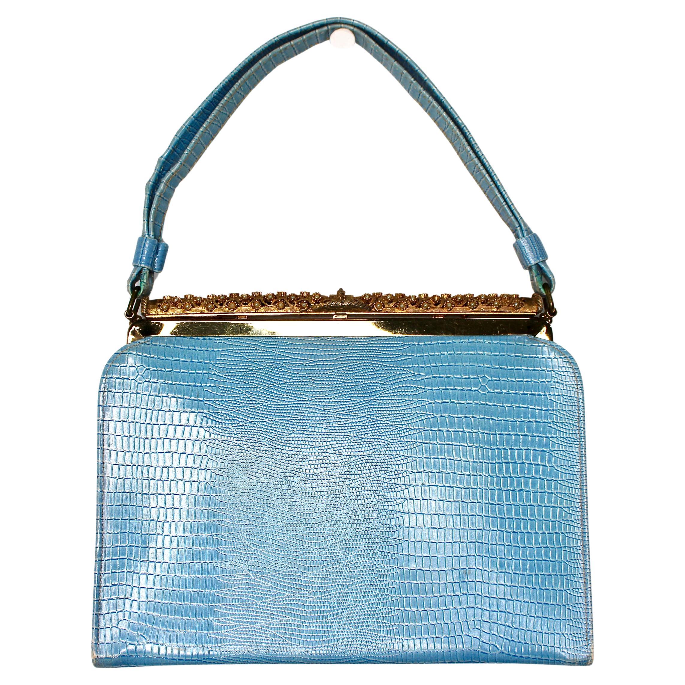 Blue Lizard Embossed Handbag With Gold-Tone Ornate Frame circa 1960s