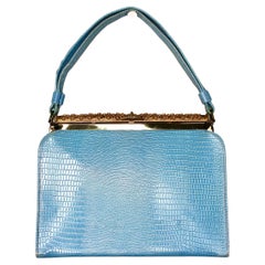 Blue Lizard Embossed Handbag With Gold-Tone Ornate Frame circa 1960s