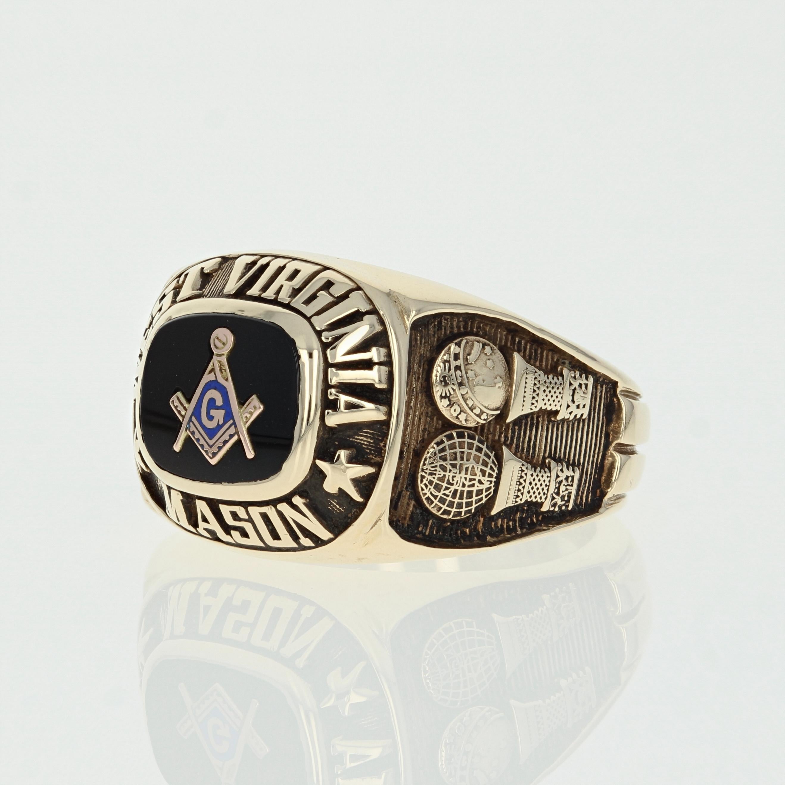 This fine Blue Lodge Master Mason ring will be an exceptional acquisition for your collection of masonic memorabilia! Composed of 10k yellow gold, this piece showcases a blue-enameled 10k rose gold square and compass emblem set atop a genuine black