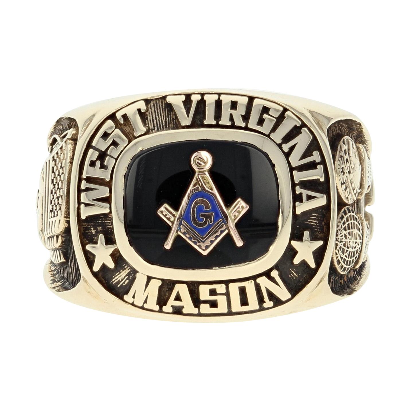 Blue Lodge Master Mason Ring, 10 Karat Yellow Gold Onyx Enamel Masonic