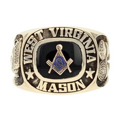Used Blue Lodge Master Mason Ring, 10 Karat Yellow Gold Onyx Enamel Masonic
