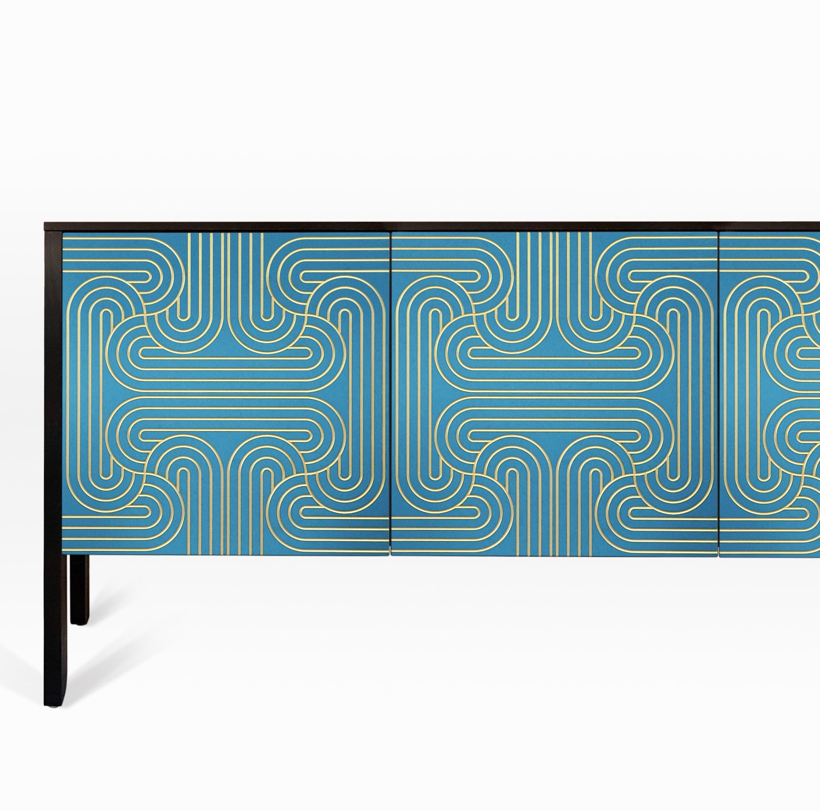 Art Deco Blue Loop Sideboard 4 Door by Coucou Manou For Sale