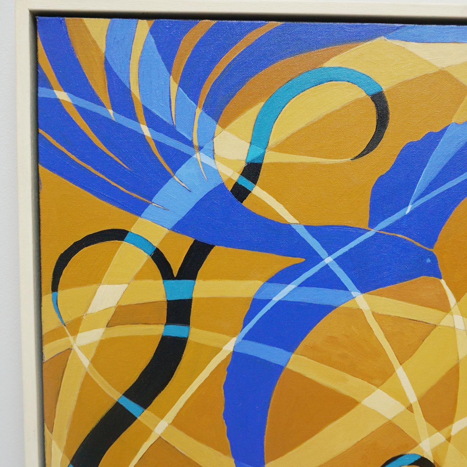 'Blue Love Birds' An Art Deco Style Contemporary painting by Vera Jefferson depicting a pair of love birds courting against a stylised, abstract background . Signed V Jefferson to lower right. 

Dimensions: H 93cm W 63.5 D 5cm.

 Vera Jefferson