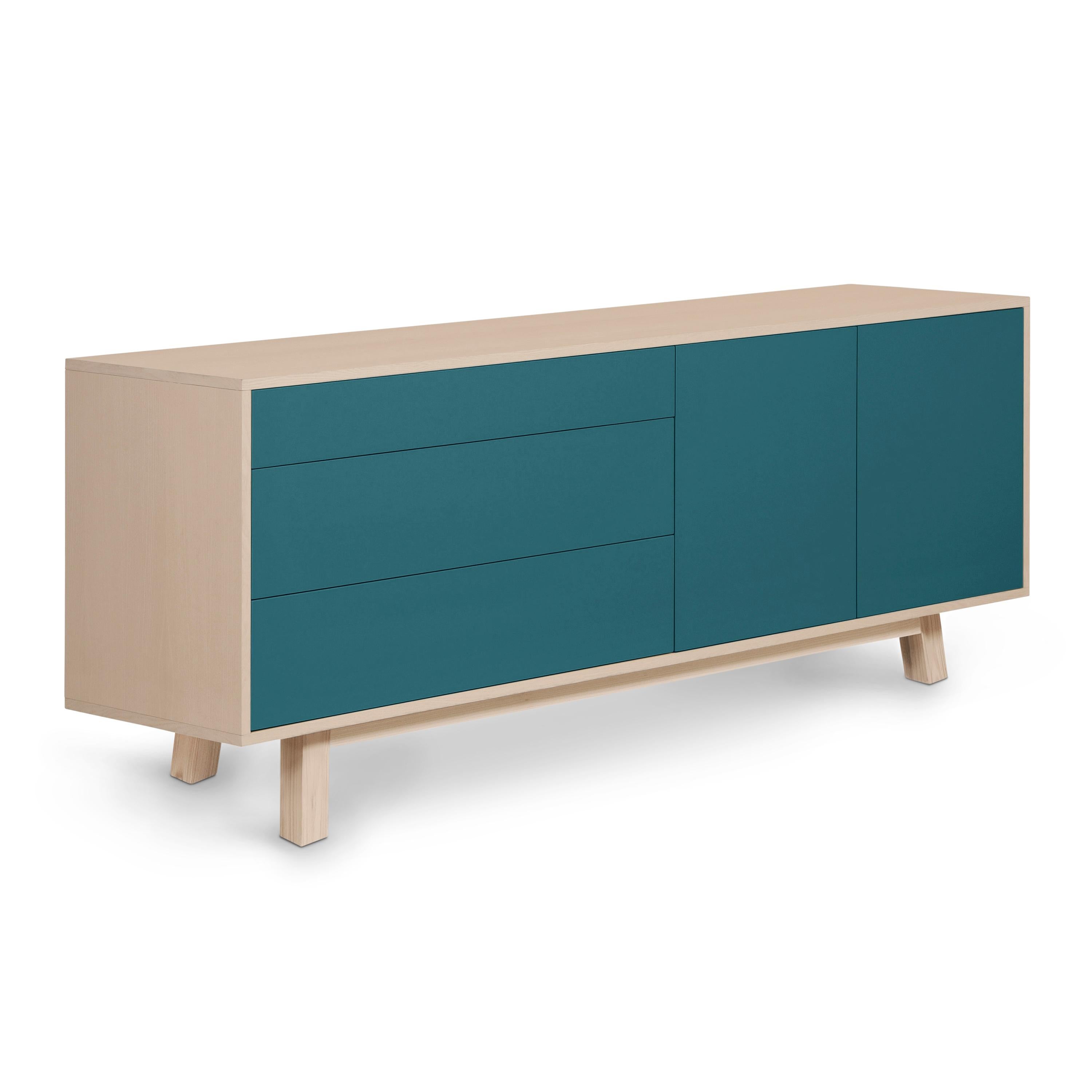 Lacquered Sea Blue Sideboard, Scandinavian Design by Eric Gizard in Paris, French Craft For Sale