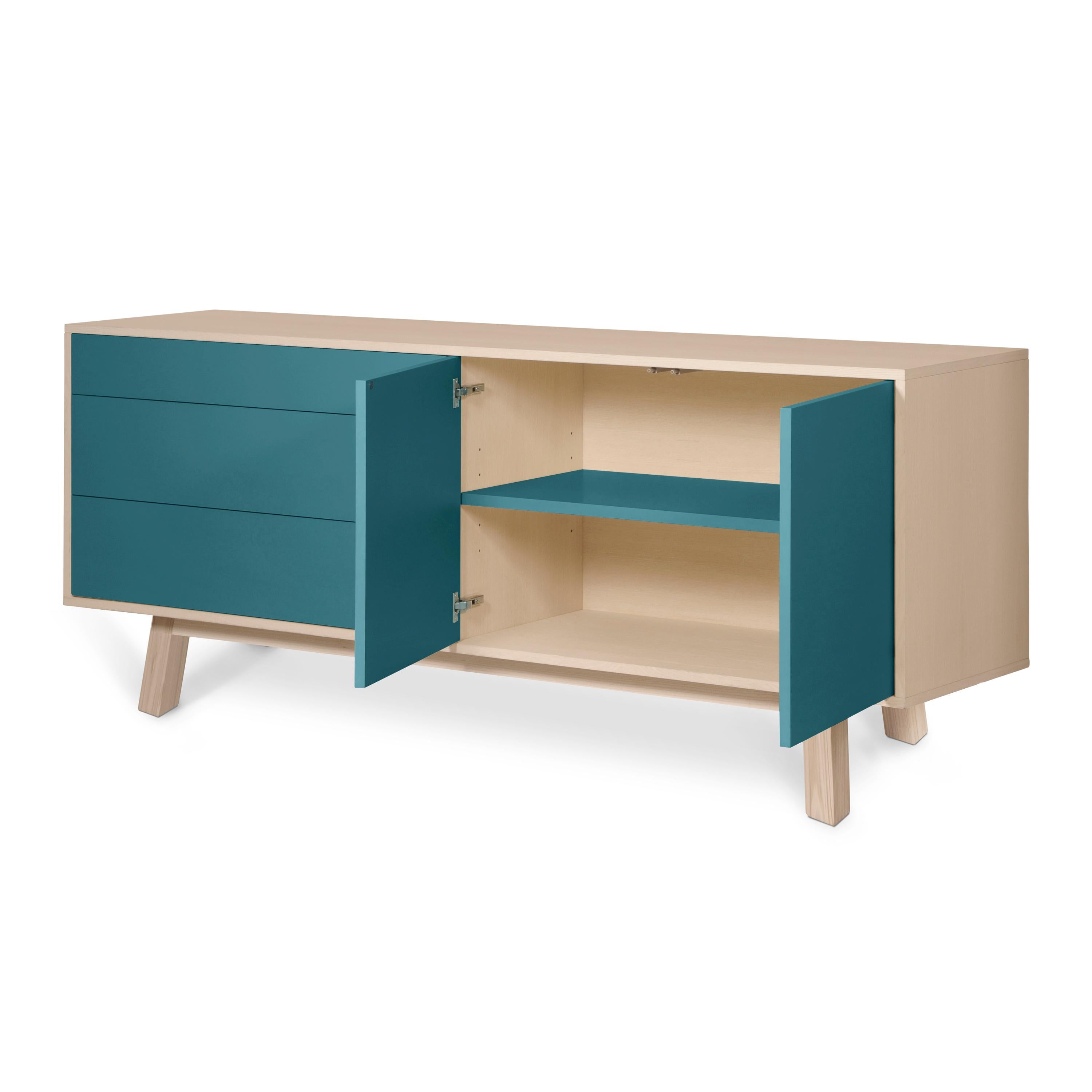Sea Blue Sideboard, Scandinavian Design by Eric Gizard in Paris, French Craft In New Condition For Sale In Landivy, FR