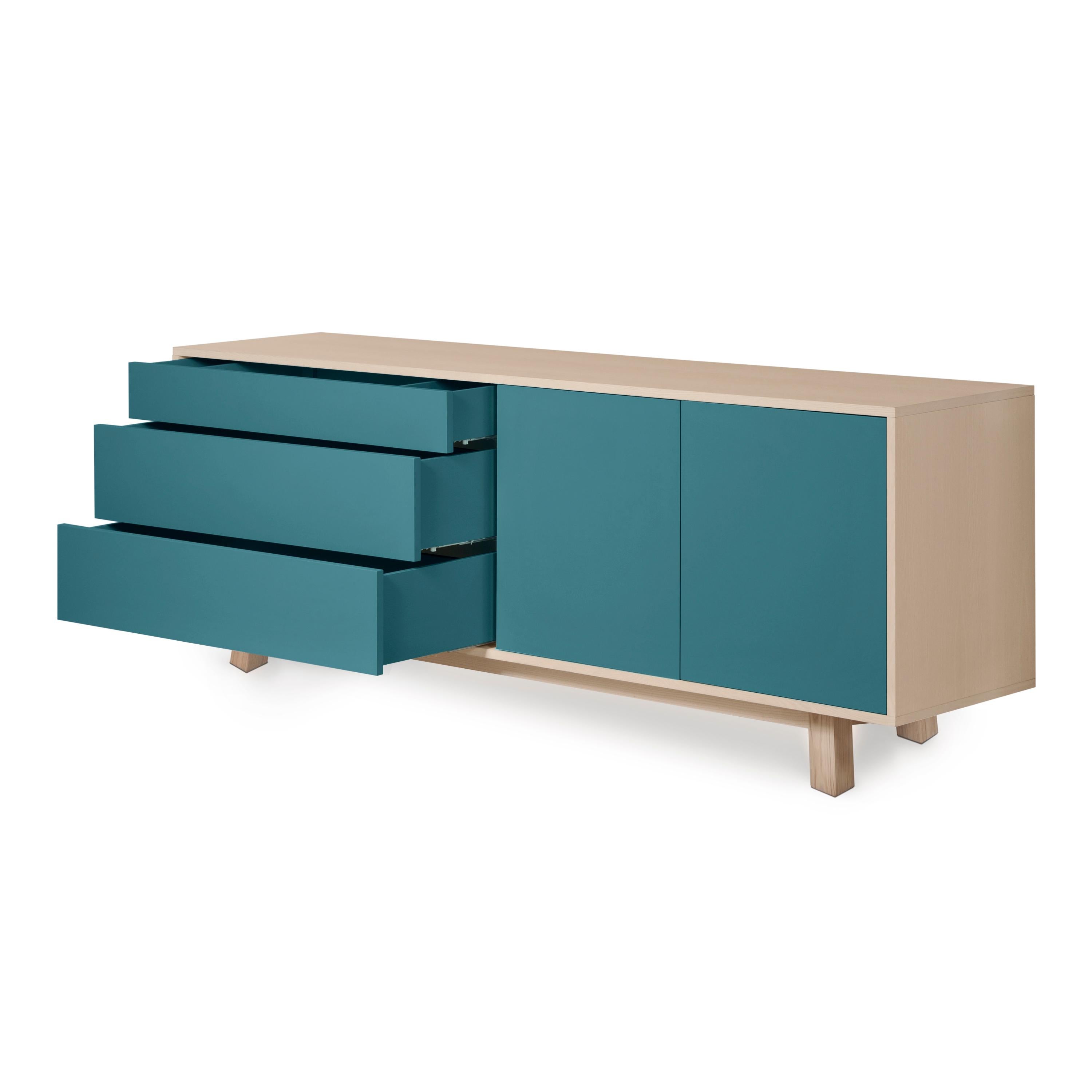 Contemporary Sea Blue Sideboard, Scandinavian Design by Eric Gizard in Paris, French Craft For Sale