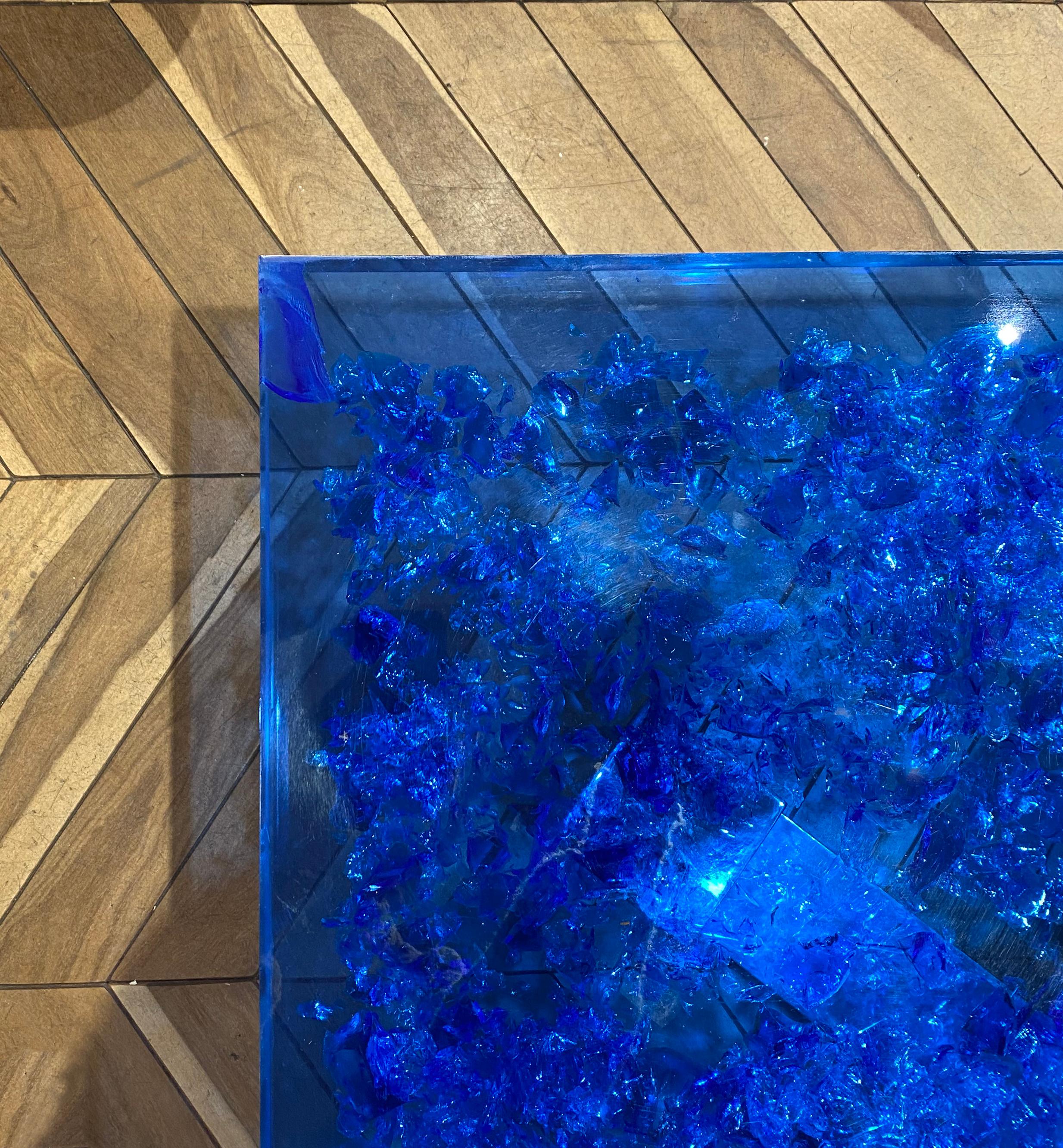 Blue Lucite and Murano Glass Coffee Table Nickel-Plated Brass Base 