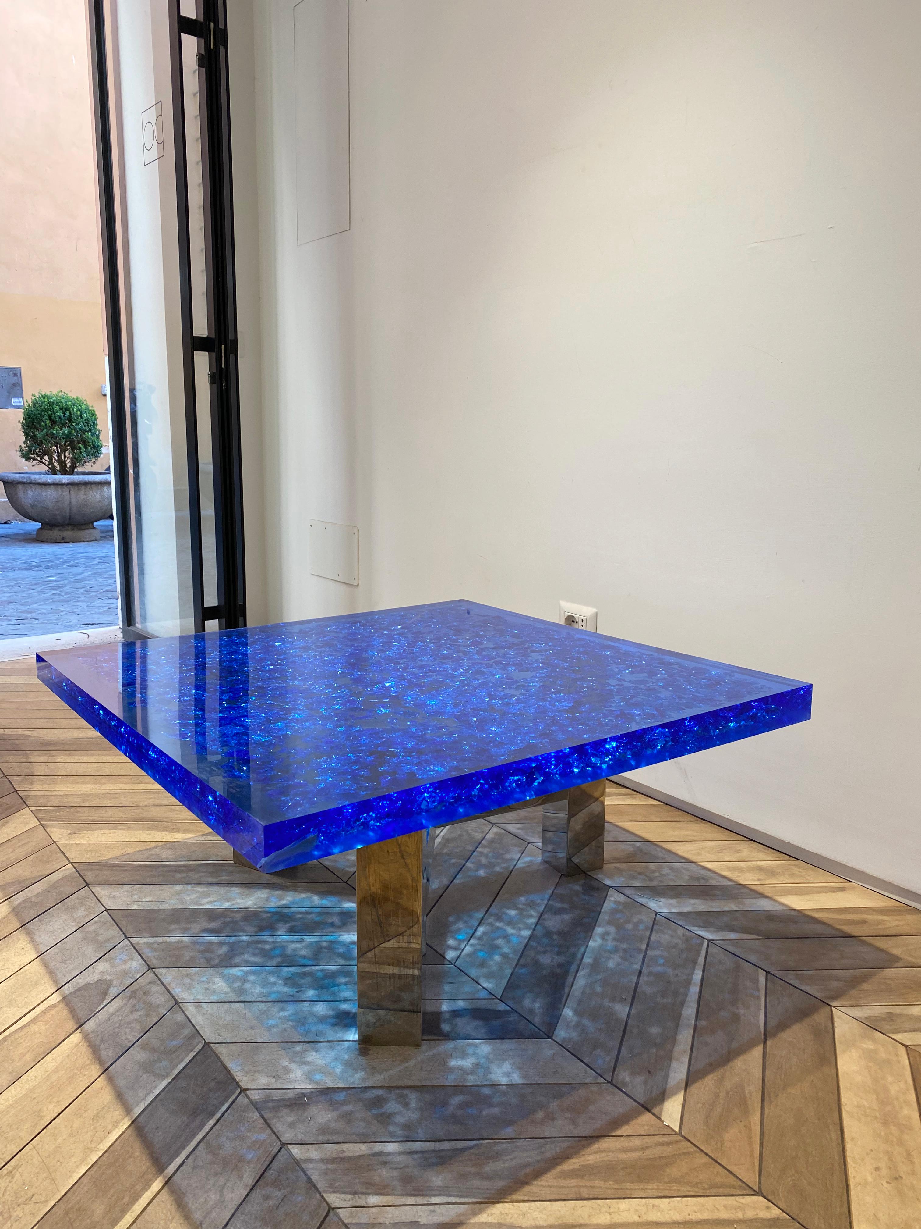 Blue Lucite and Murano Glass Coffee Table Nickel-Plated Brass Base 