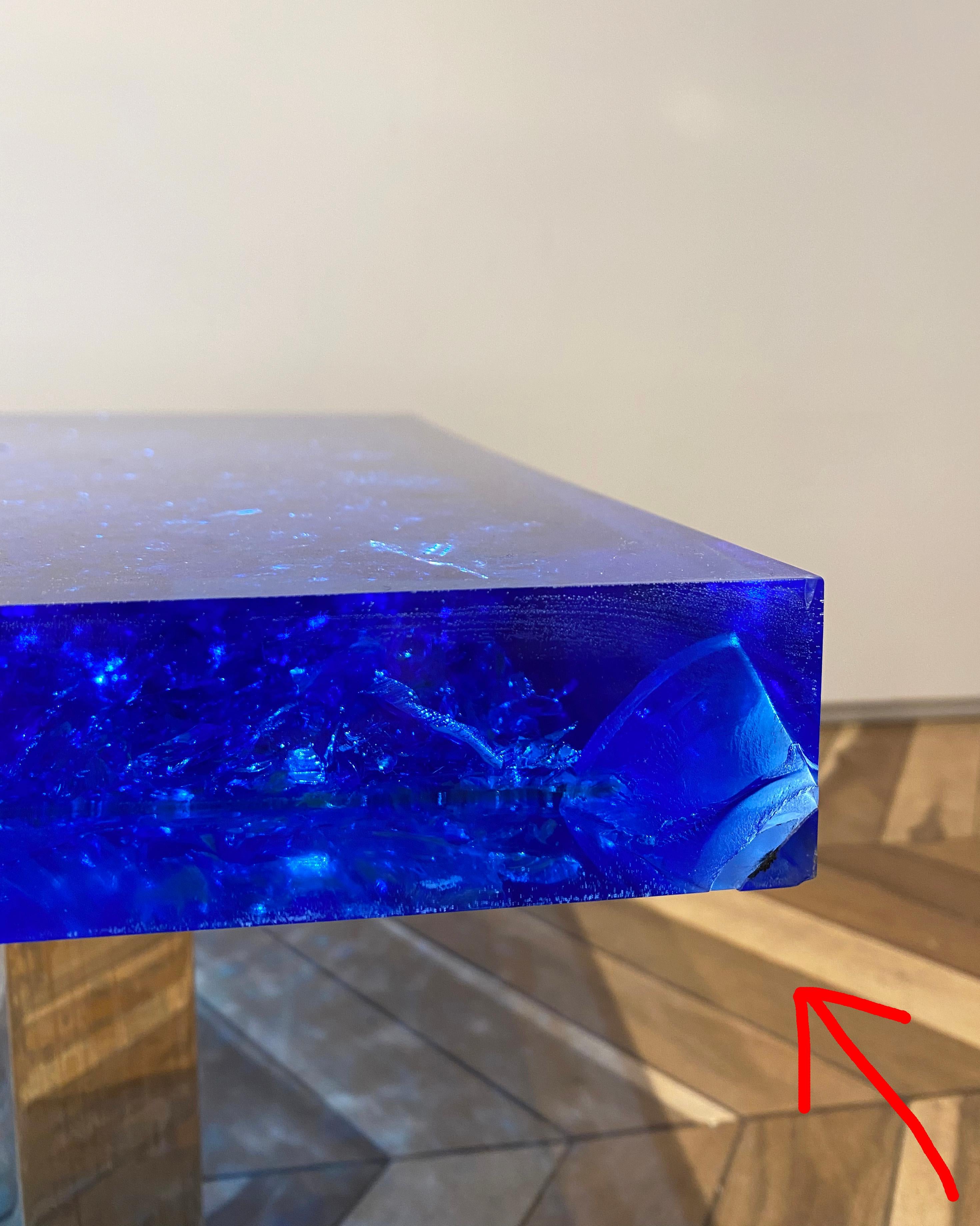 Italian Blue Lucite and Murano Glass Coffee Table Nickel-Plated Brass Base 