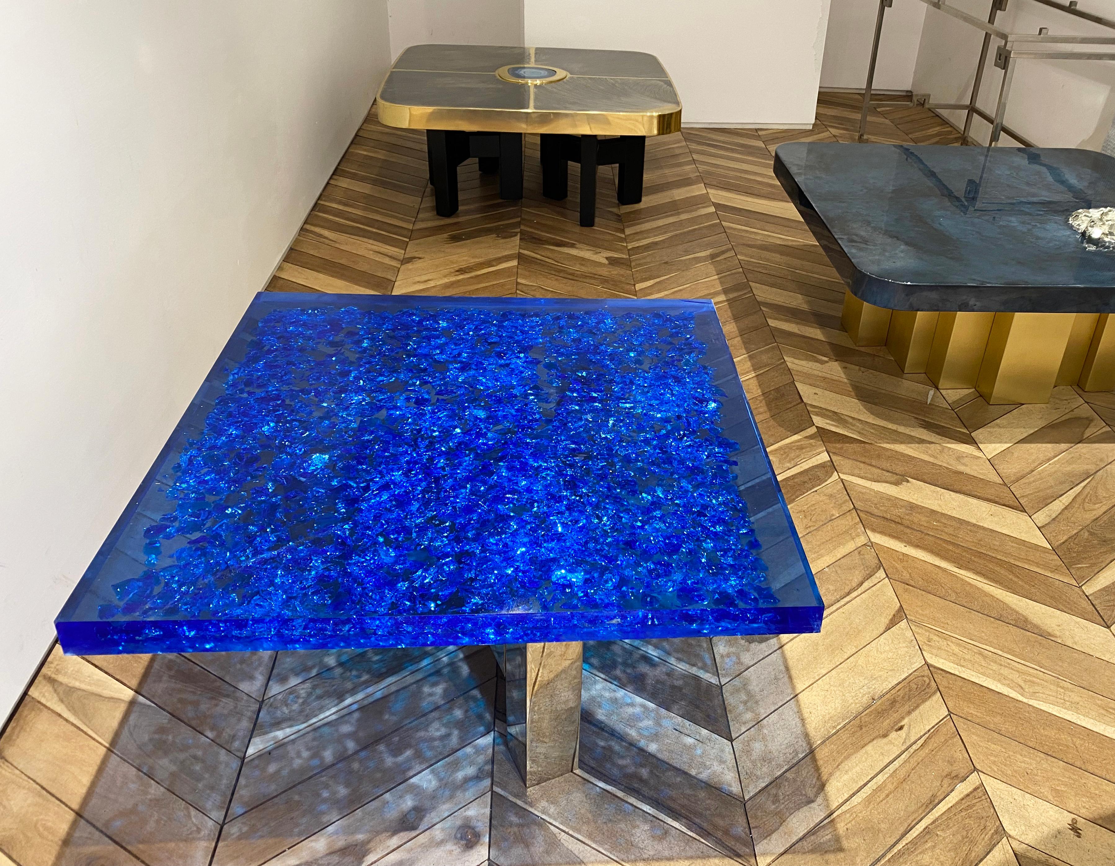 Blue Lucite and Murano Glass Coffee Table Nickel-Plated Brass Base 