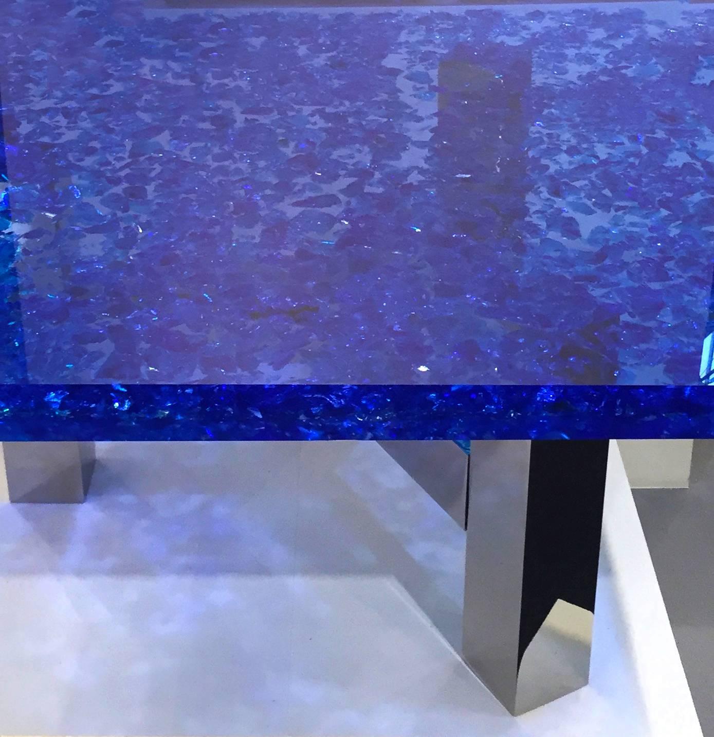 Modern Blue Lucite and Murano Glass Table Nickel-Plated Brass Base 