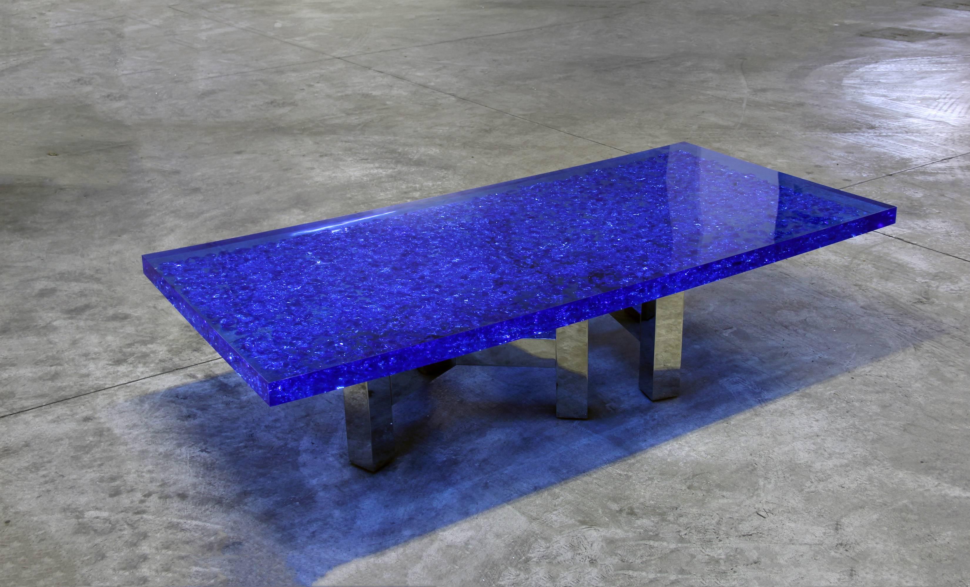 Italian Blue Lucite and Murano Glass Table Nickel-Plated Brass Base 