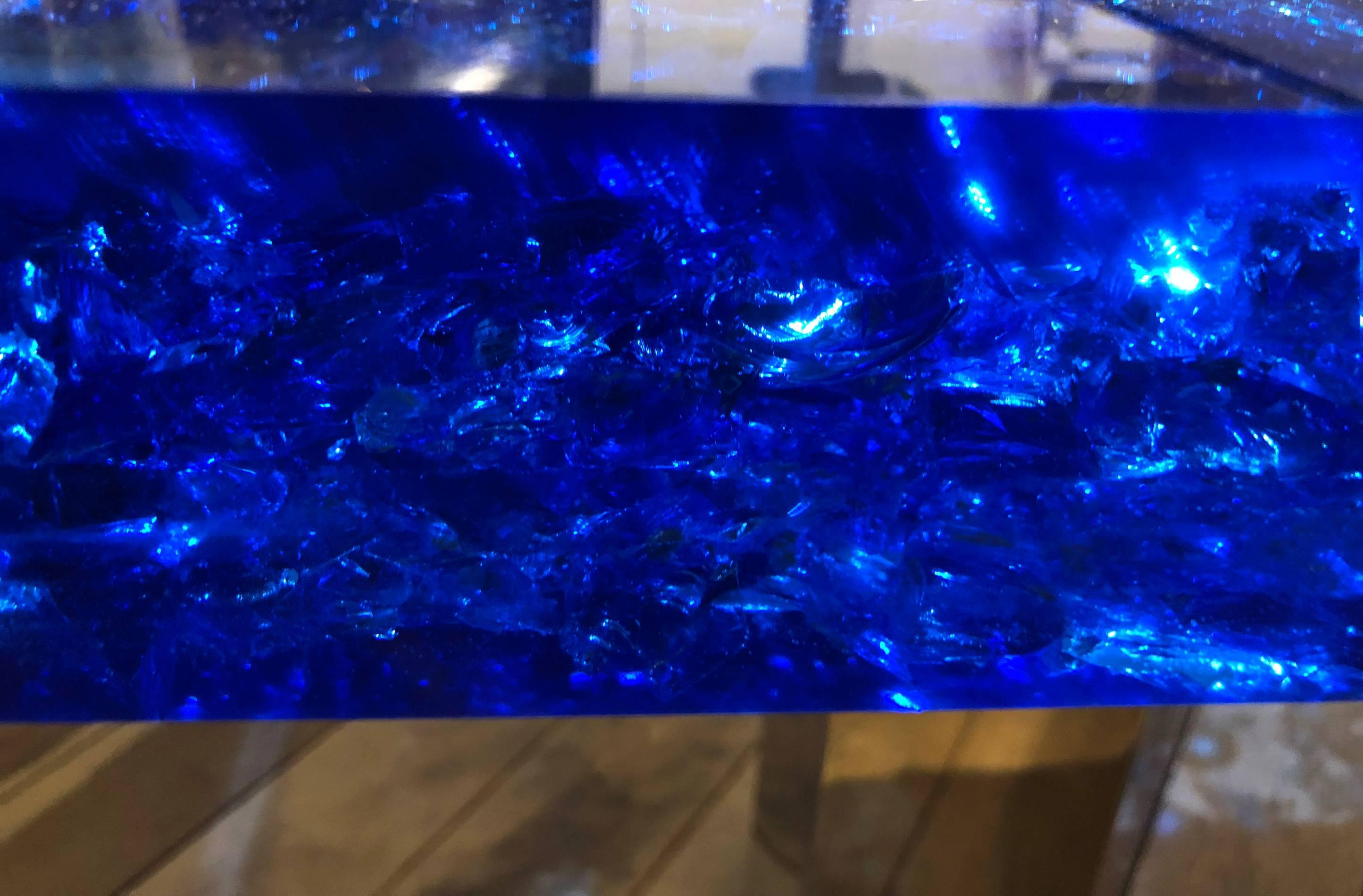 Blue Lucite and Murano Glass Table Nickel-Plated Brass Base 