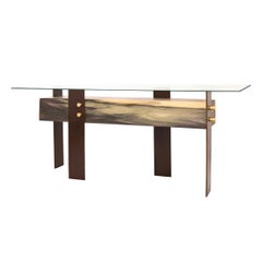 Blue Mahoe Wood Table with Brass Joints and Corten Steel Legs