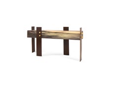Blue Mahoe Wood Table with Brass Joints and Corten Steel Legs