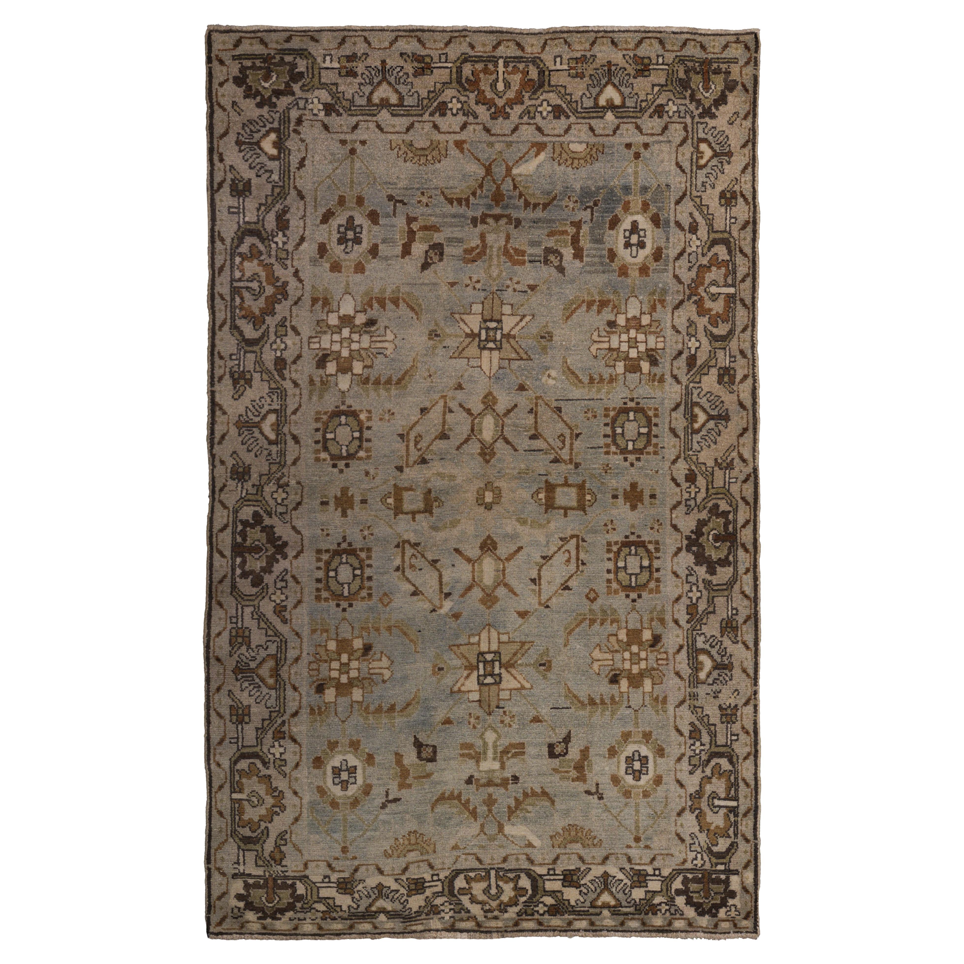 Blue Malayer Wool Hand Knotted Rug 4 ft x 7 ft , Aqua Camel Geometry For Sale