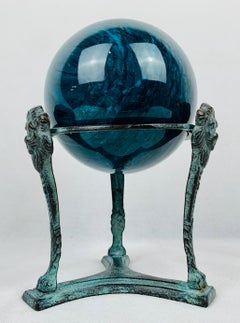 Blue Marble Orb or Sphere-Neo-Classical Patinated Tripod Stand with Lion's Faces