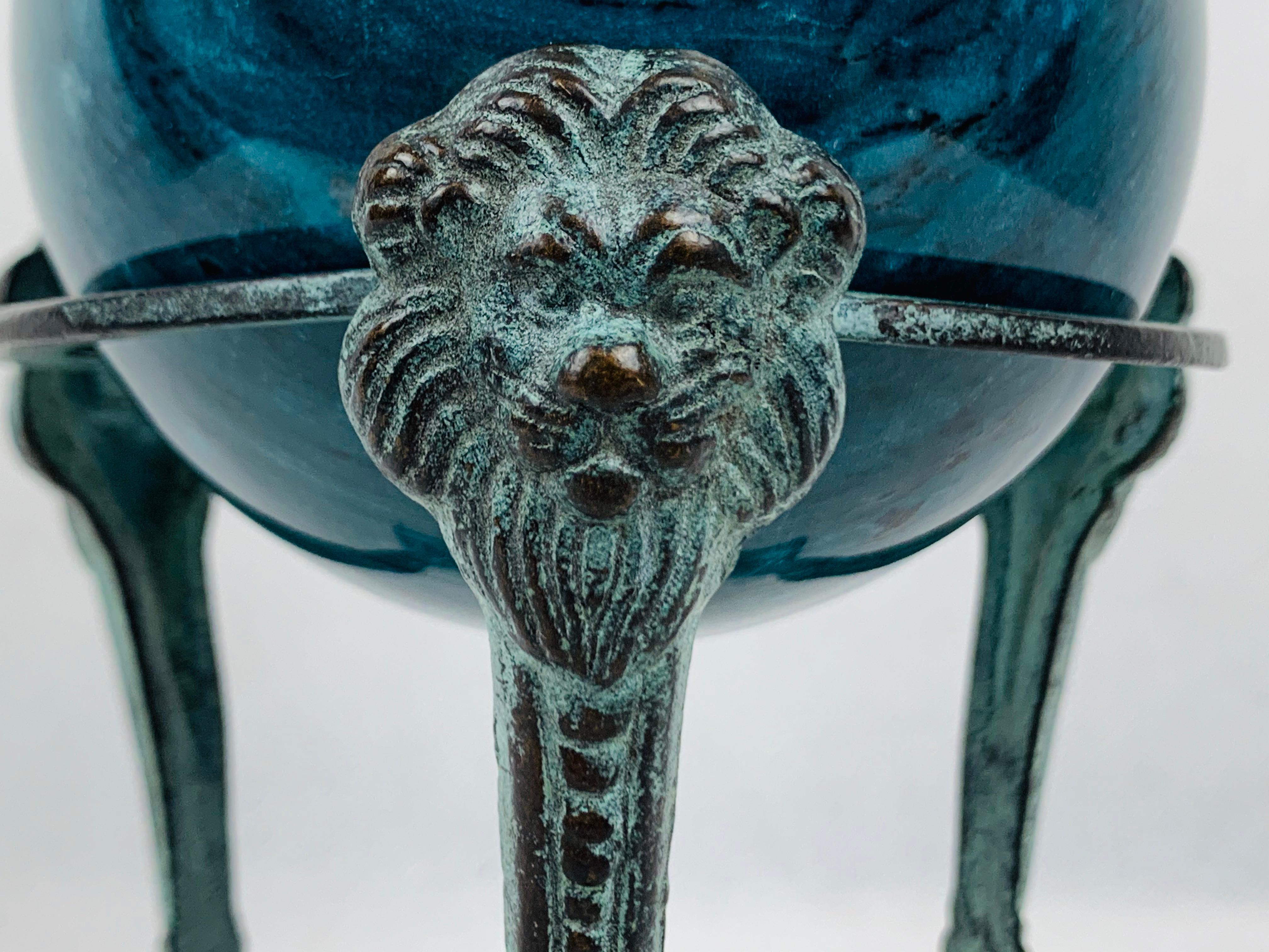 Neoclassical Revival Blue Marble Orb or Sphere-Neo-Classical Patinated Tripod Stand with Lion's Faces