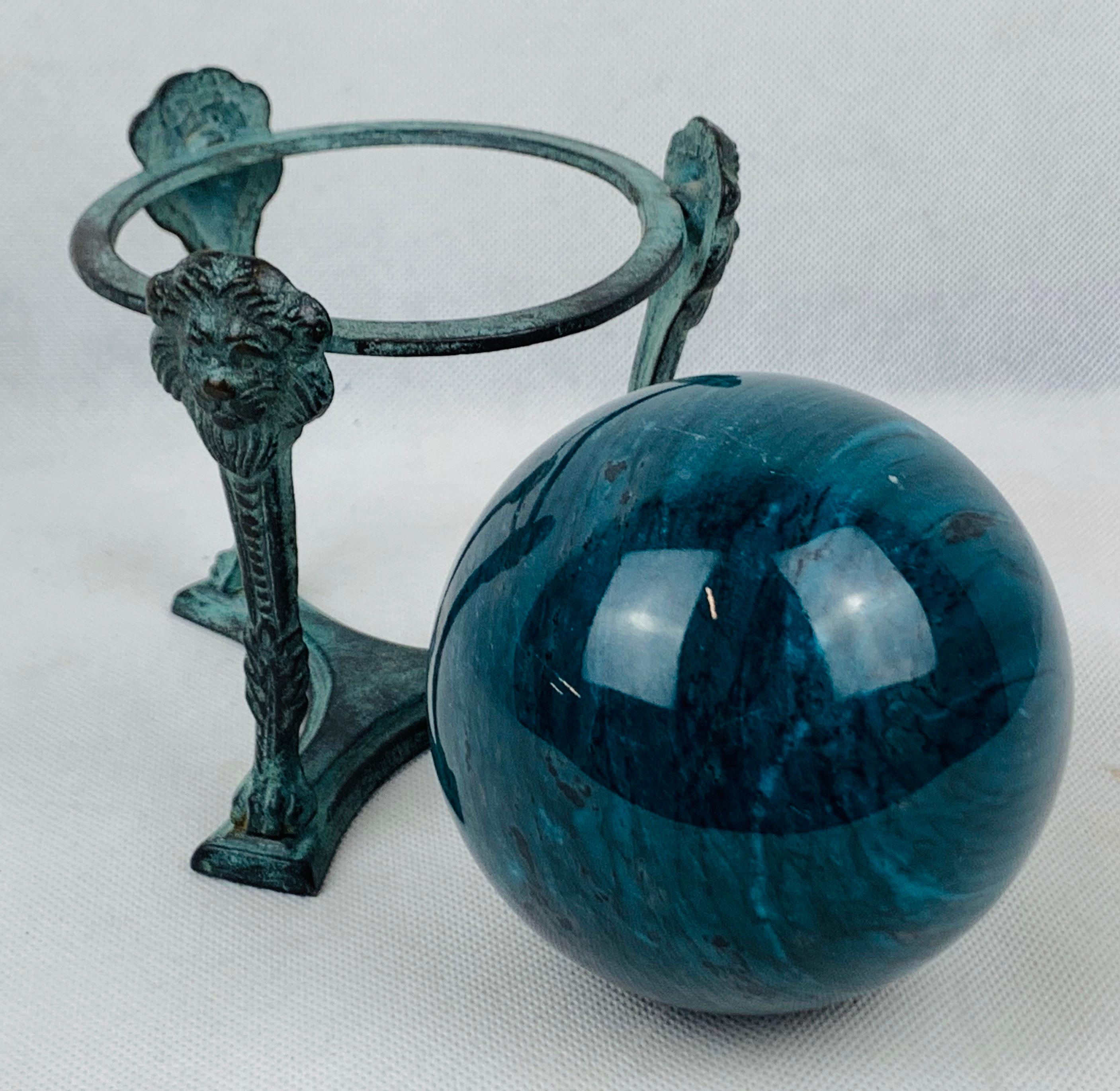 Blue Marble Orb or Sphere-Neo-Classical Patinated Tripod Stand with Lion's Faces In Good Condition In West Palm Beach, FL
