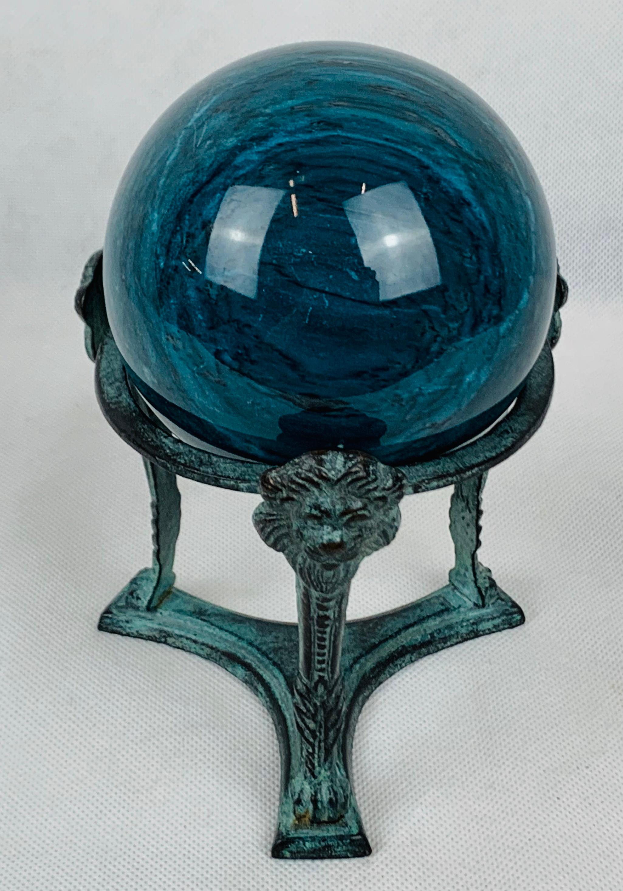 20th Century Blue Marble Orb or Sphere-Neo-Classical Patinated Tripod Stand with Lion's Faces