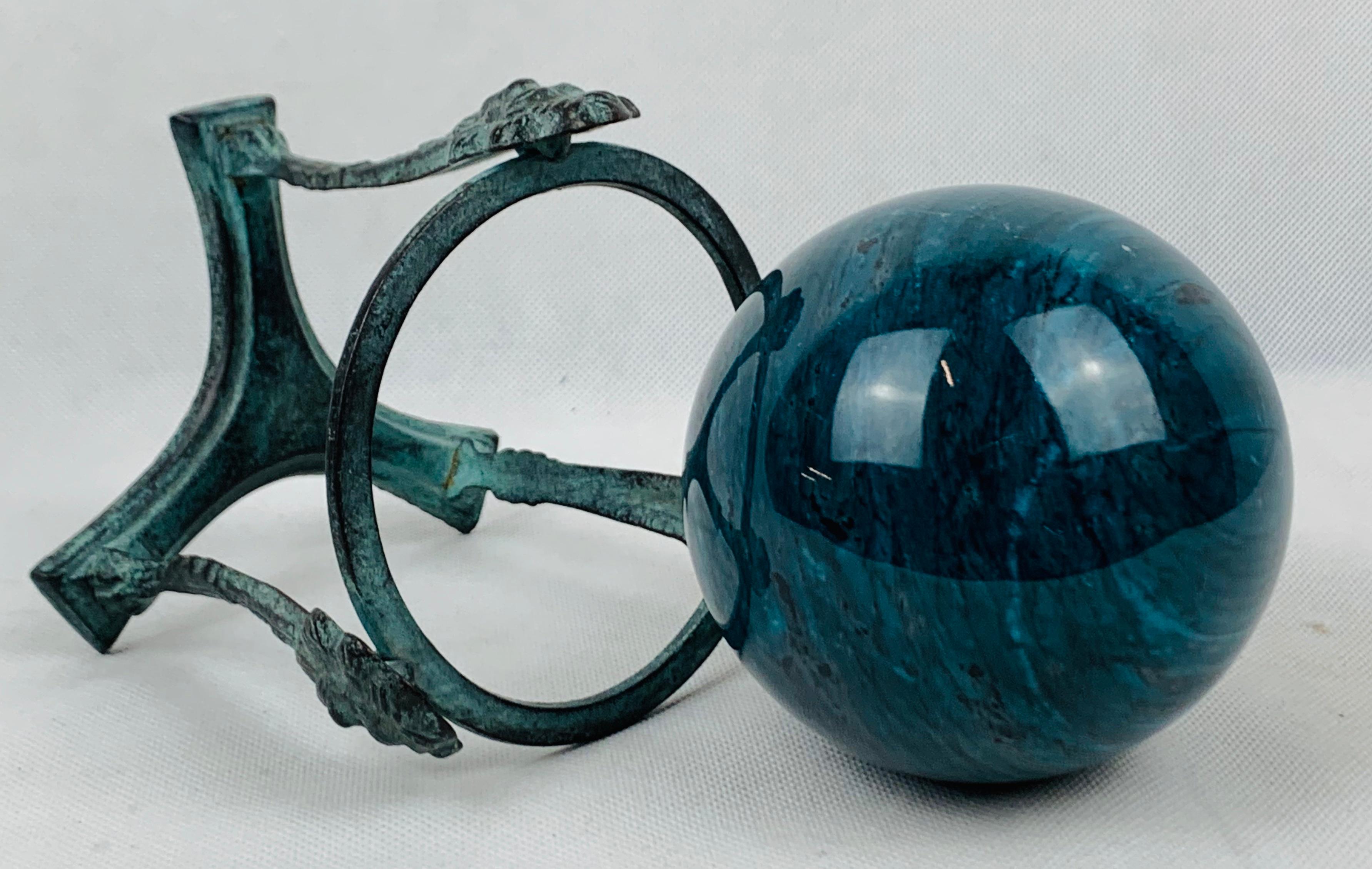 Metal Blue Marble Orb or Sphere-Neo-Classical Patinated Tripod Stand with Lion's Faces