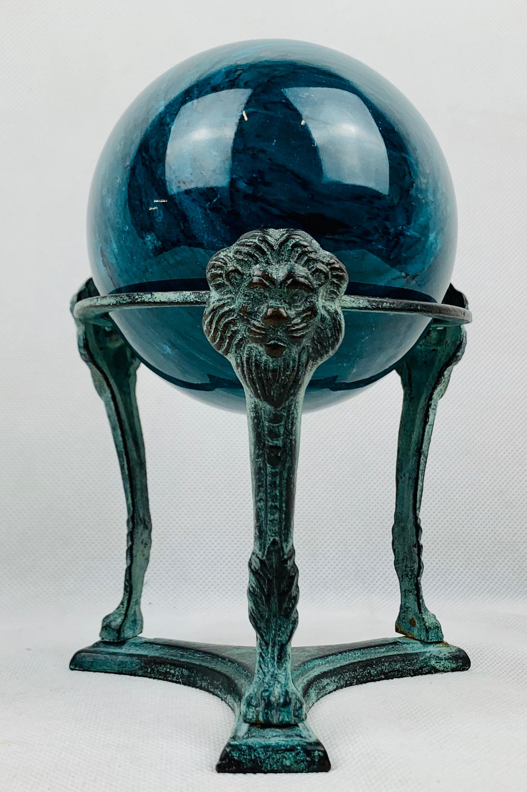 Blue Marble Orb or Sphere-Neo-Classical Patinated Tripod Stand with Lion's Faces 1