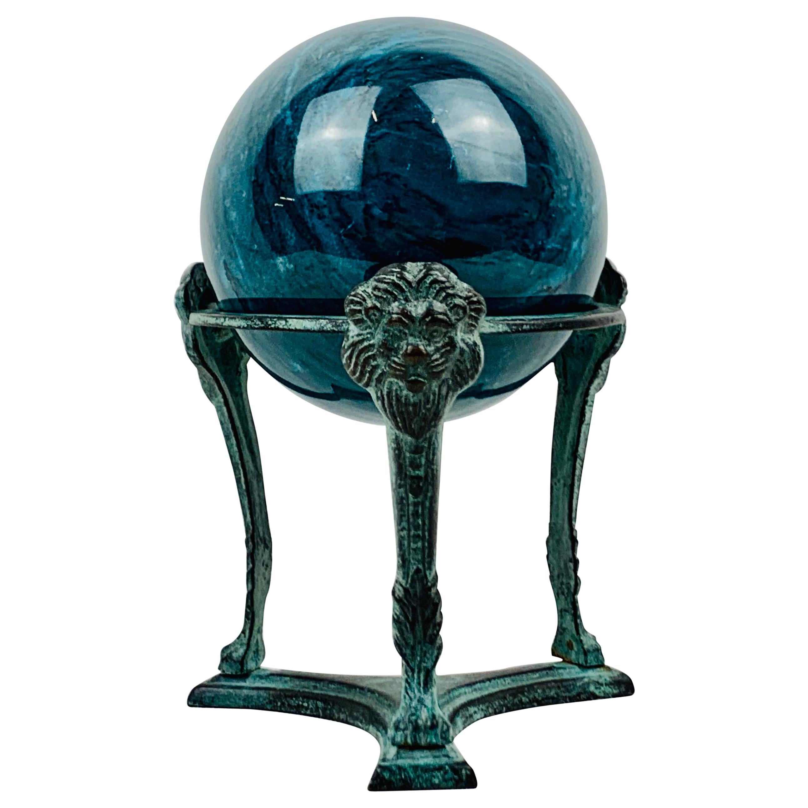 Blue Marble Orb or Sphere-Neo-Classical Patinated Tripod Stand with Lion's Faces