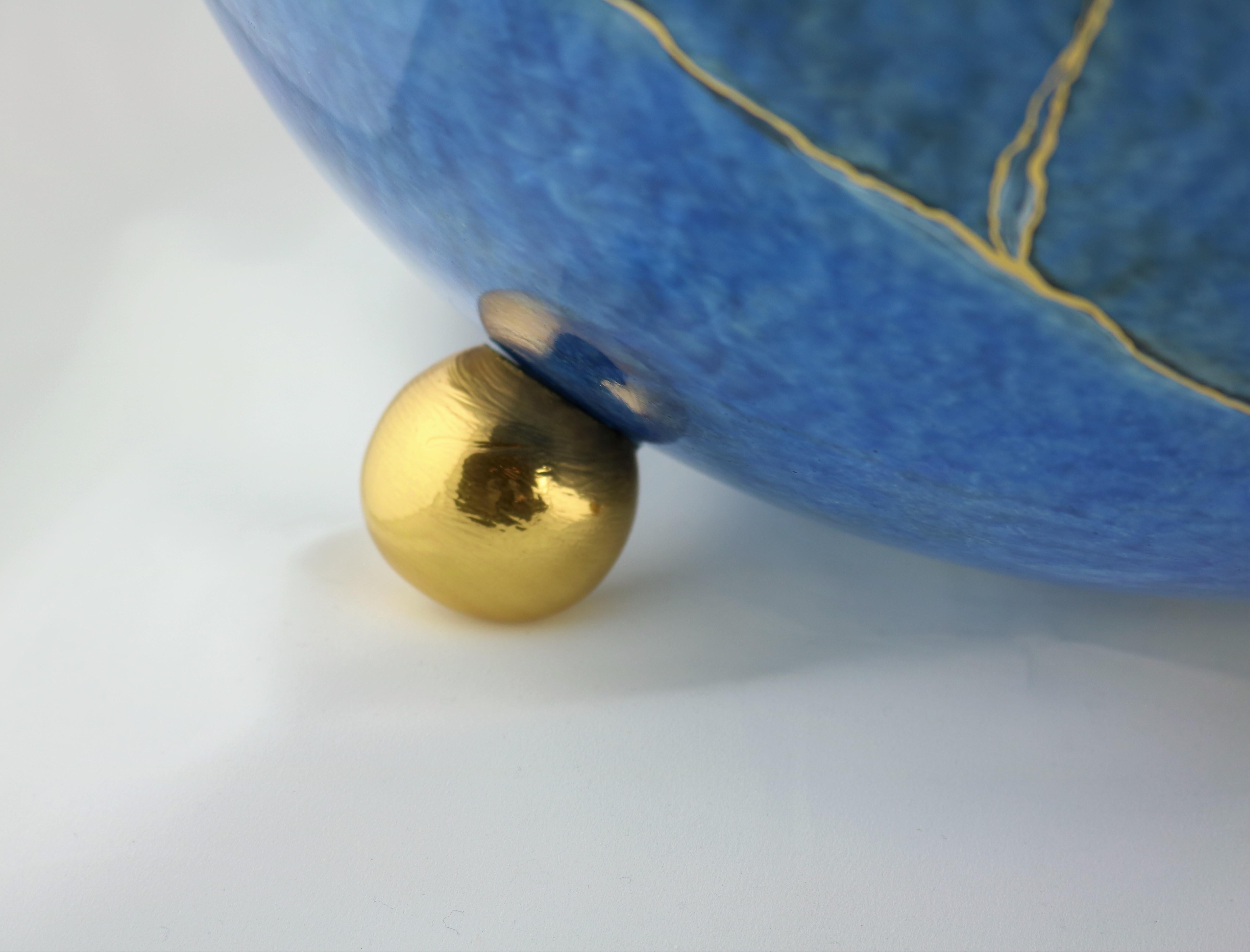 Italian Blue Marble Round Bowl with Gold by Vetrerie di Empoli For Sale