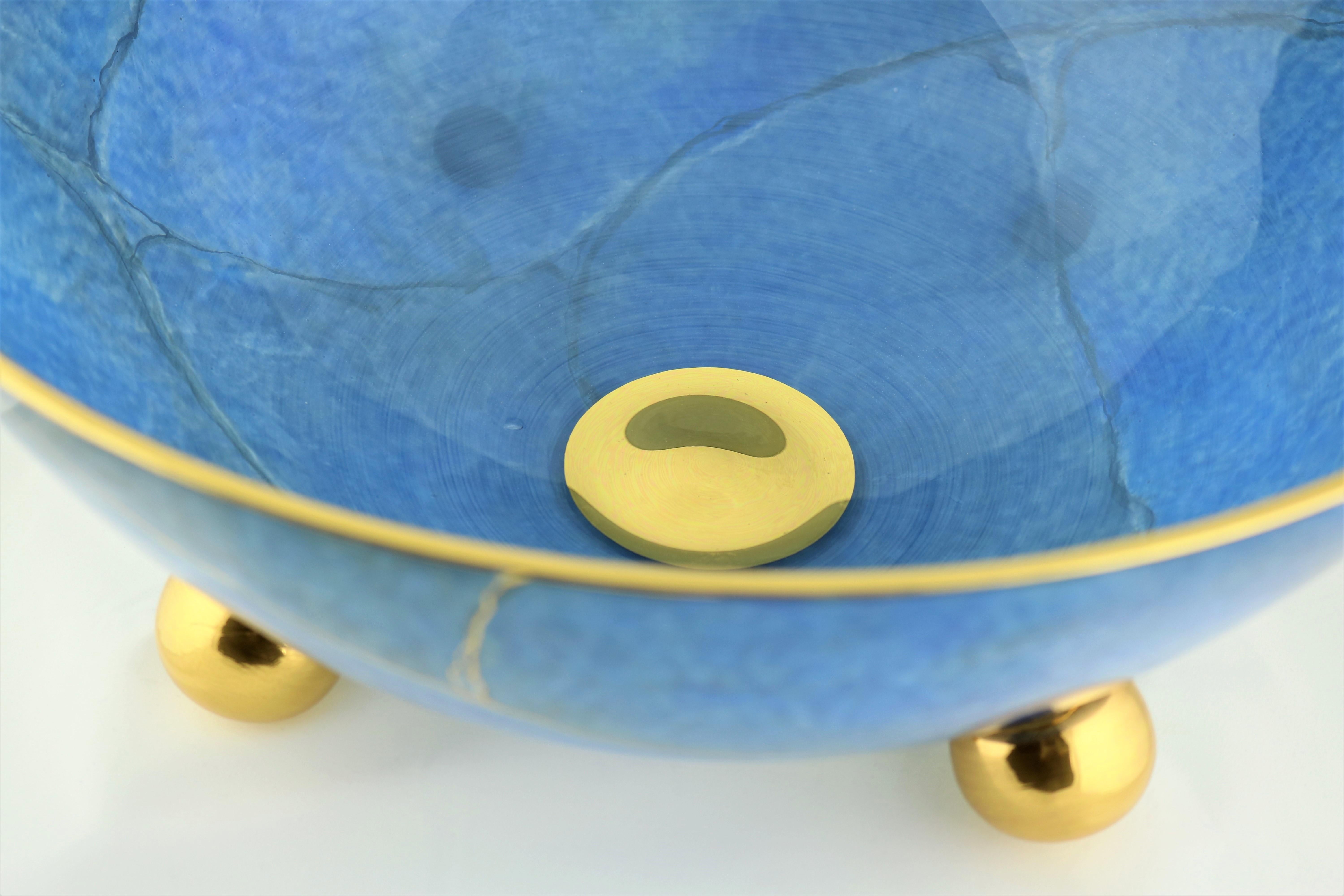 Blue Marble Round Bowl with Gold by Vetrerie di Empoli In New Condition For Sale In New York, NY