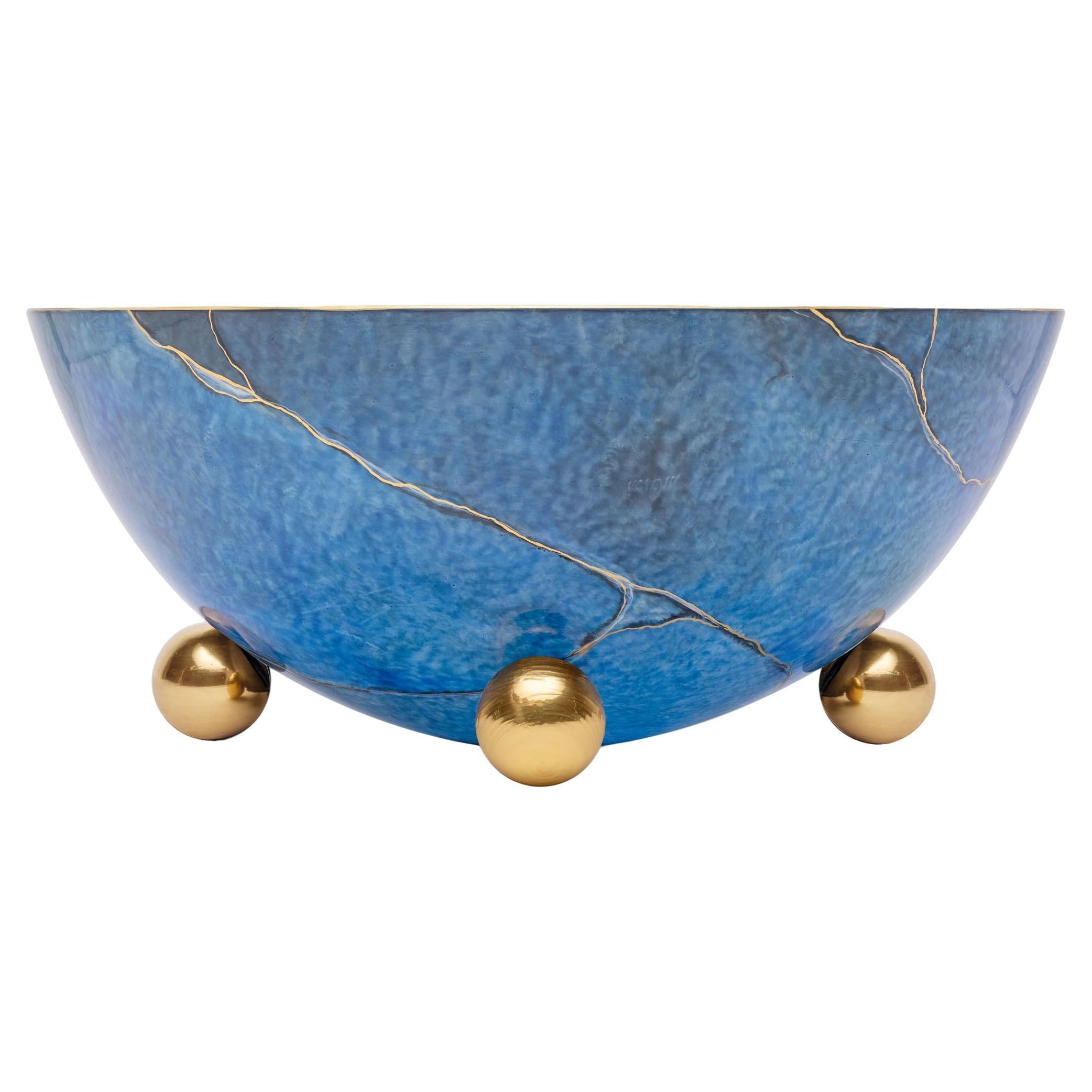Blue Marble Round Bowl with Gold by Vetrerie di Empoli For Sale