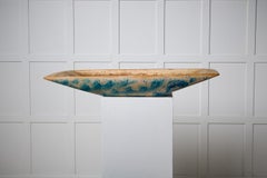 Comedero sueco antiguo de madera con vetas azules, hecho a mano y con la pintura original