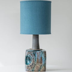 Blue Marbled Glazed Ceramic Table Lamp, Custom Made Blue Lampshade by R. Houben