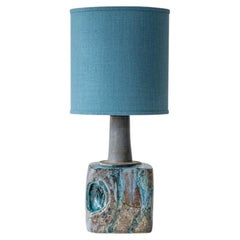 Blue Marbled Glazed Ceramic Table Lamp, Custom Made Blue Lampshade by R. Houben