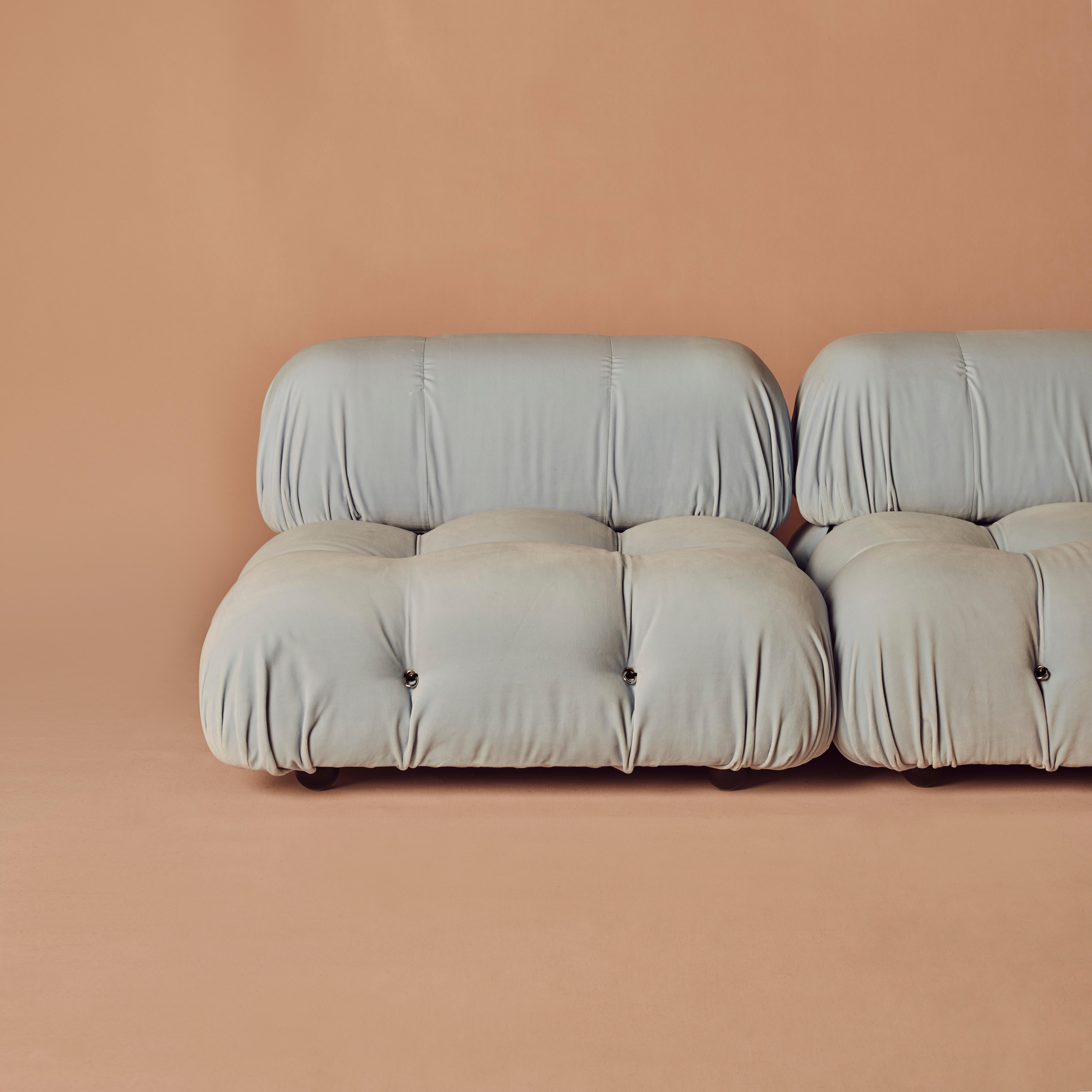 A classic Italian design upholstered in Sky Blue cotton velvet by Rose Uniacke, a lovely soft velvet. 

Modular in nature, this set of three large Camaleonda units can be arranged in any position, with adaptable backs, and a singular armrest. These