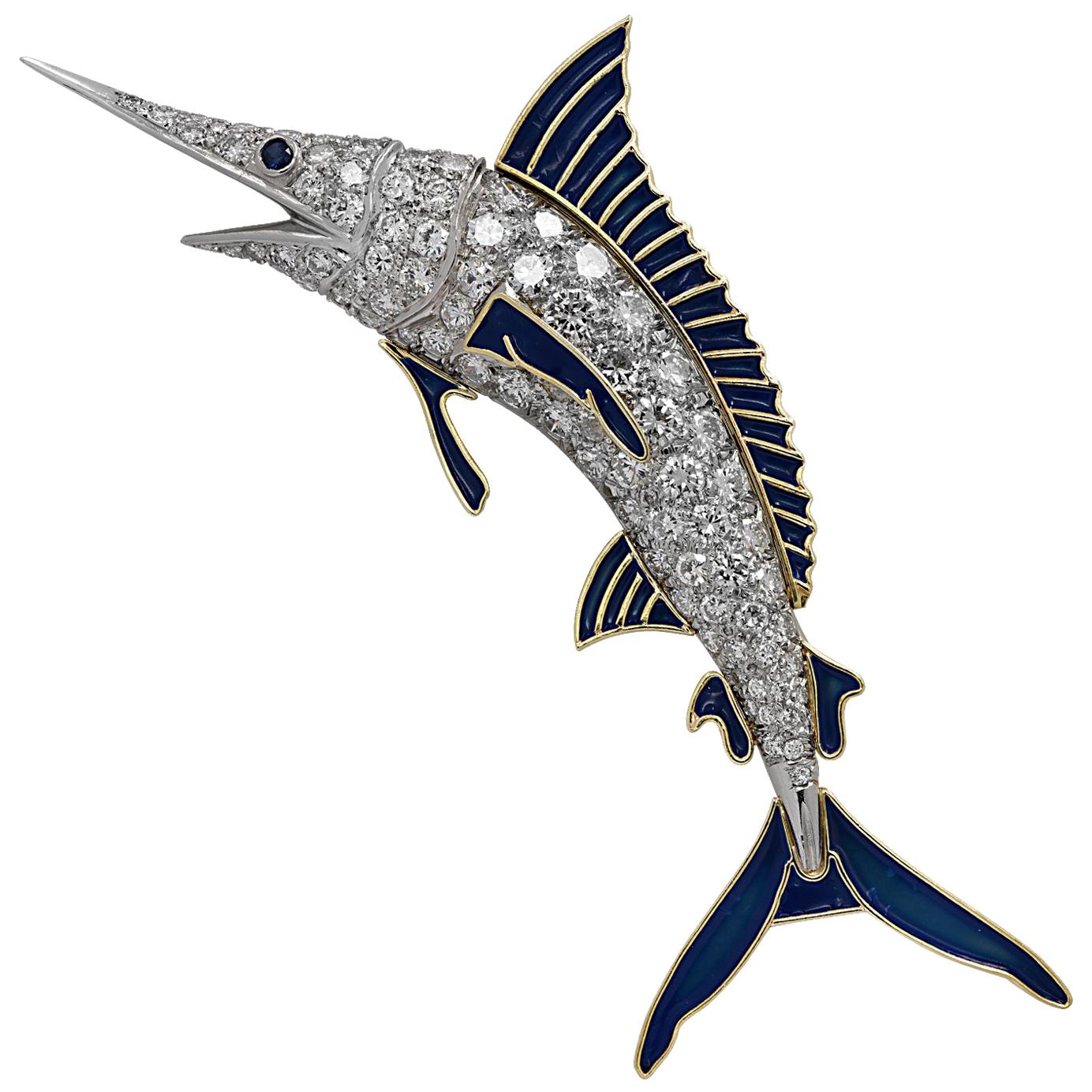 Blue Marlin Platinum and Diamond Brooch Pin