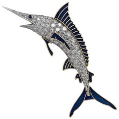 Retro Blue Marlin Platinum and Diamond Brooch Pin