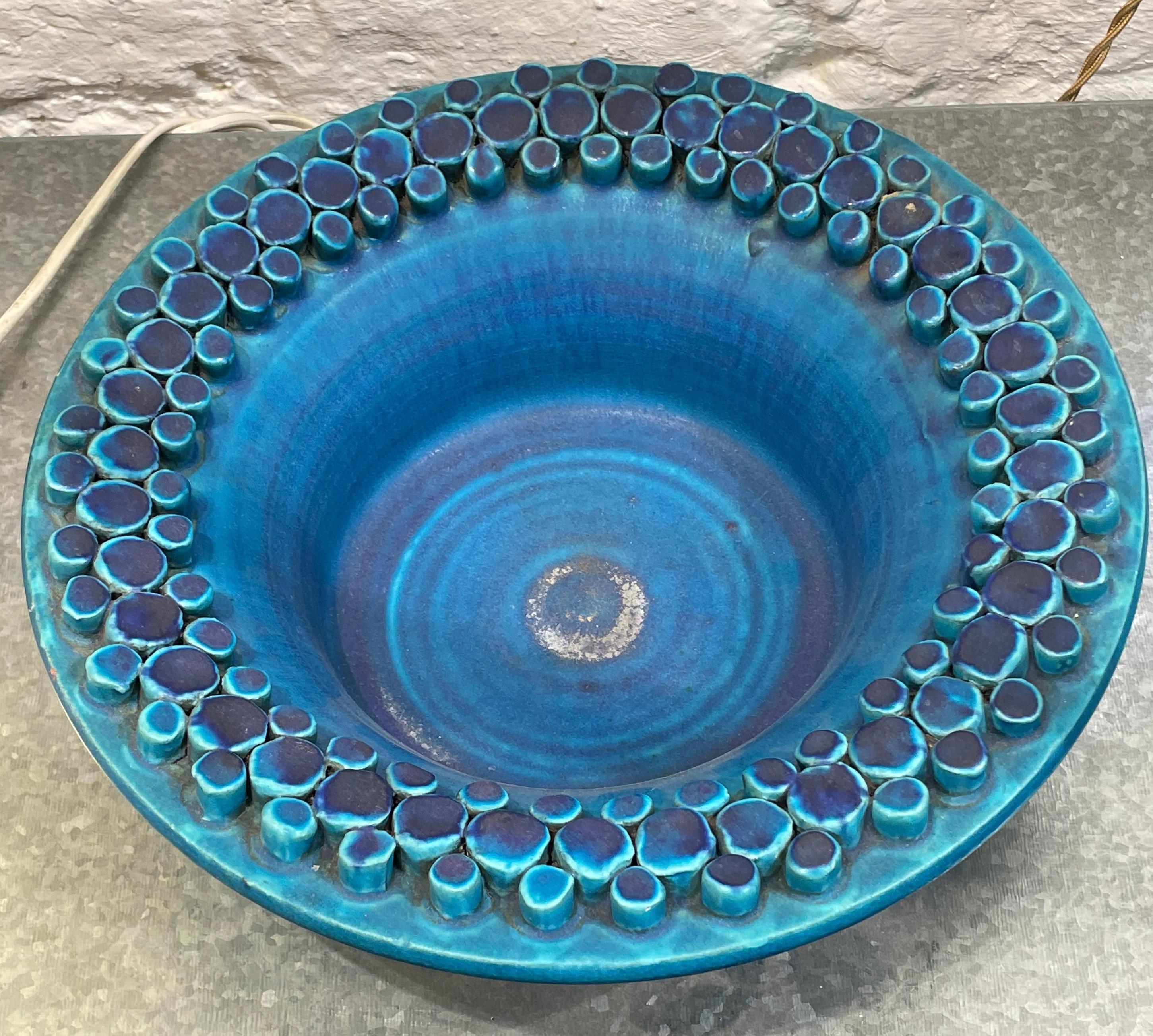 Blue Matte Glazed Geometric Pattern Border Footed Bowl, France, Mid Century In Good Condition For Sale In New York, NY