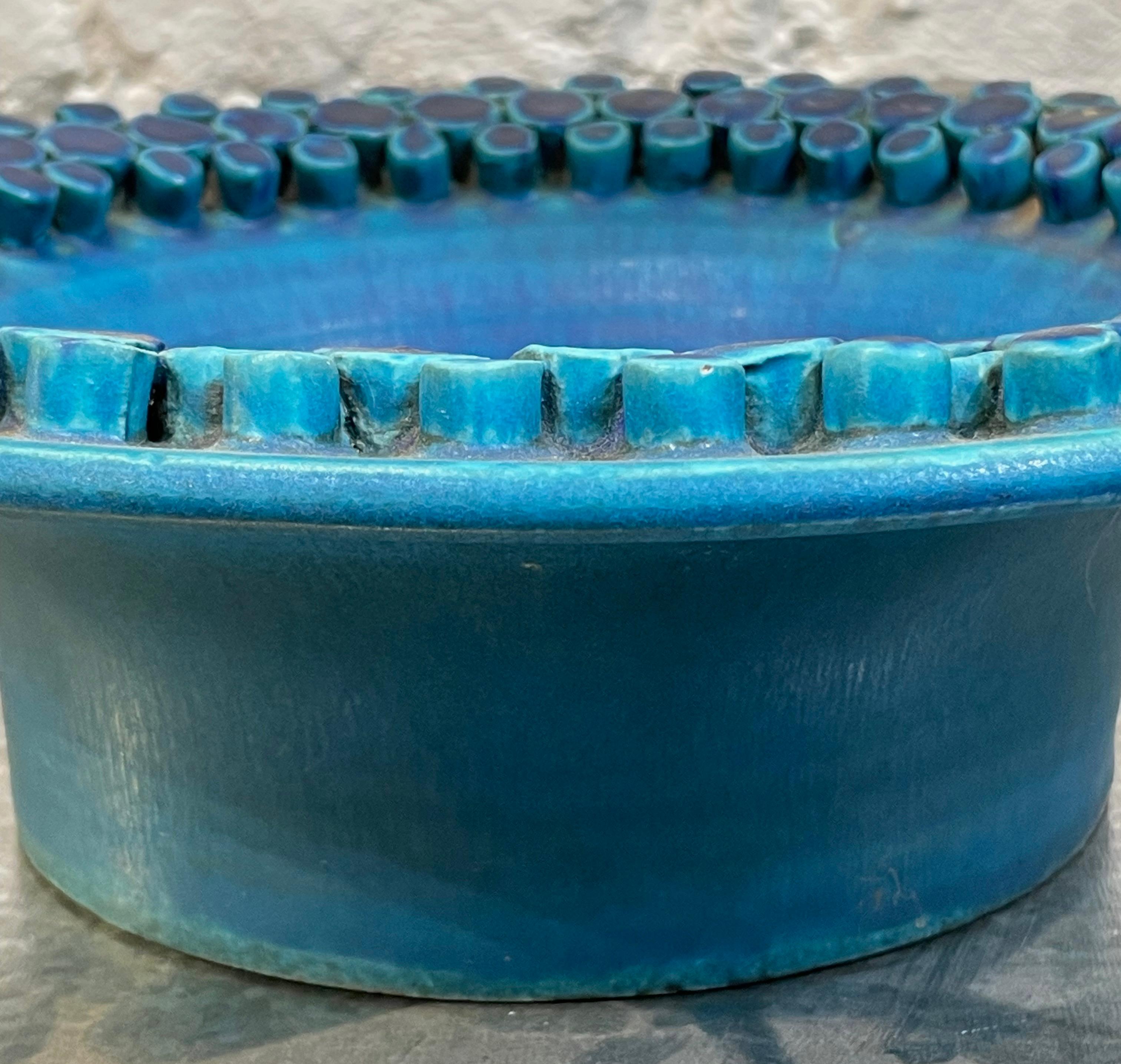 20th Century Blue Matte Glazed Geometric Pattern Border Footed Bowl, France, Mid Century