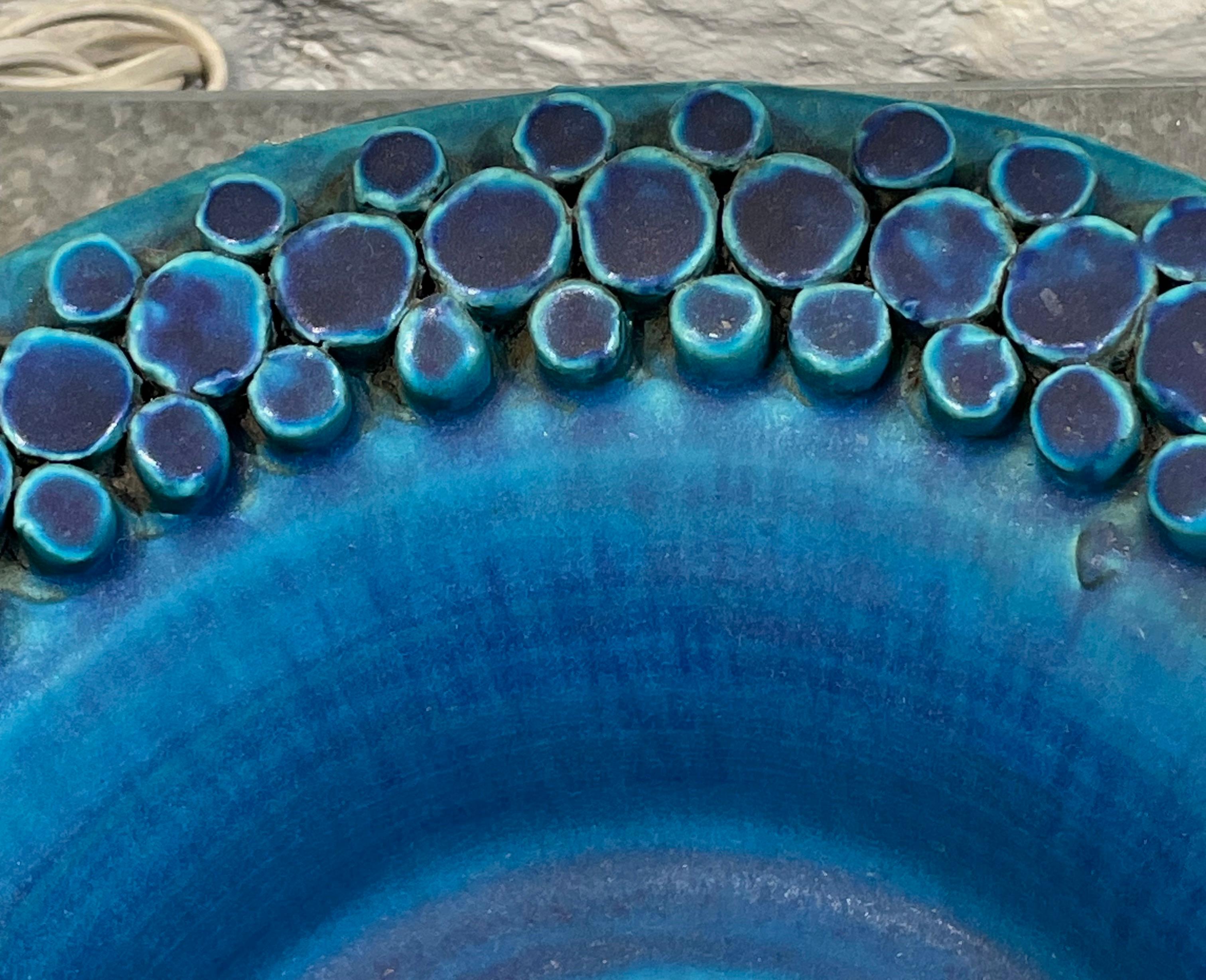 20th Century Blue Matte Glazed Geometric Pattern Border Footed Bowl, France, Mid Century For Sale