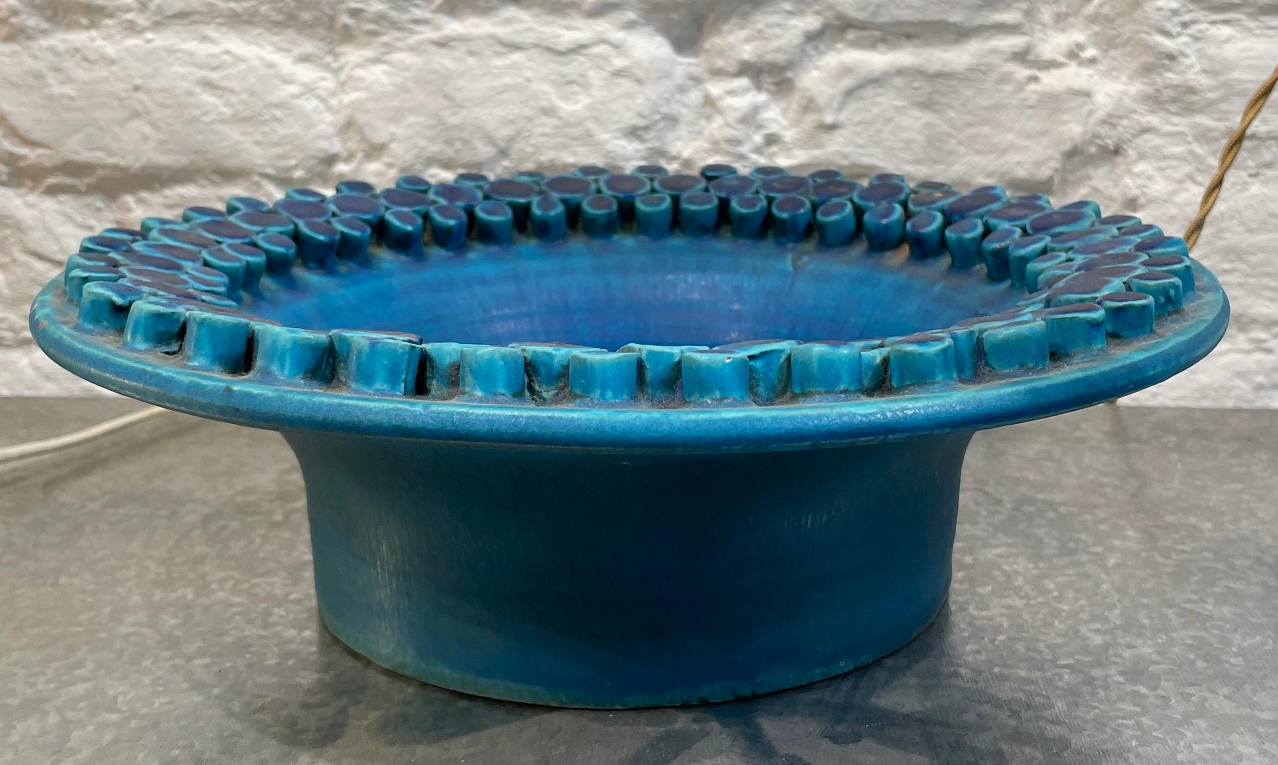 Ceramic Blue Matte Glazed Geometric Pattern Border Footed Bowl, France, Mid Century