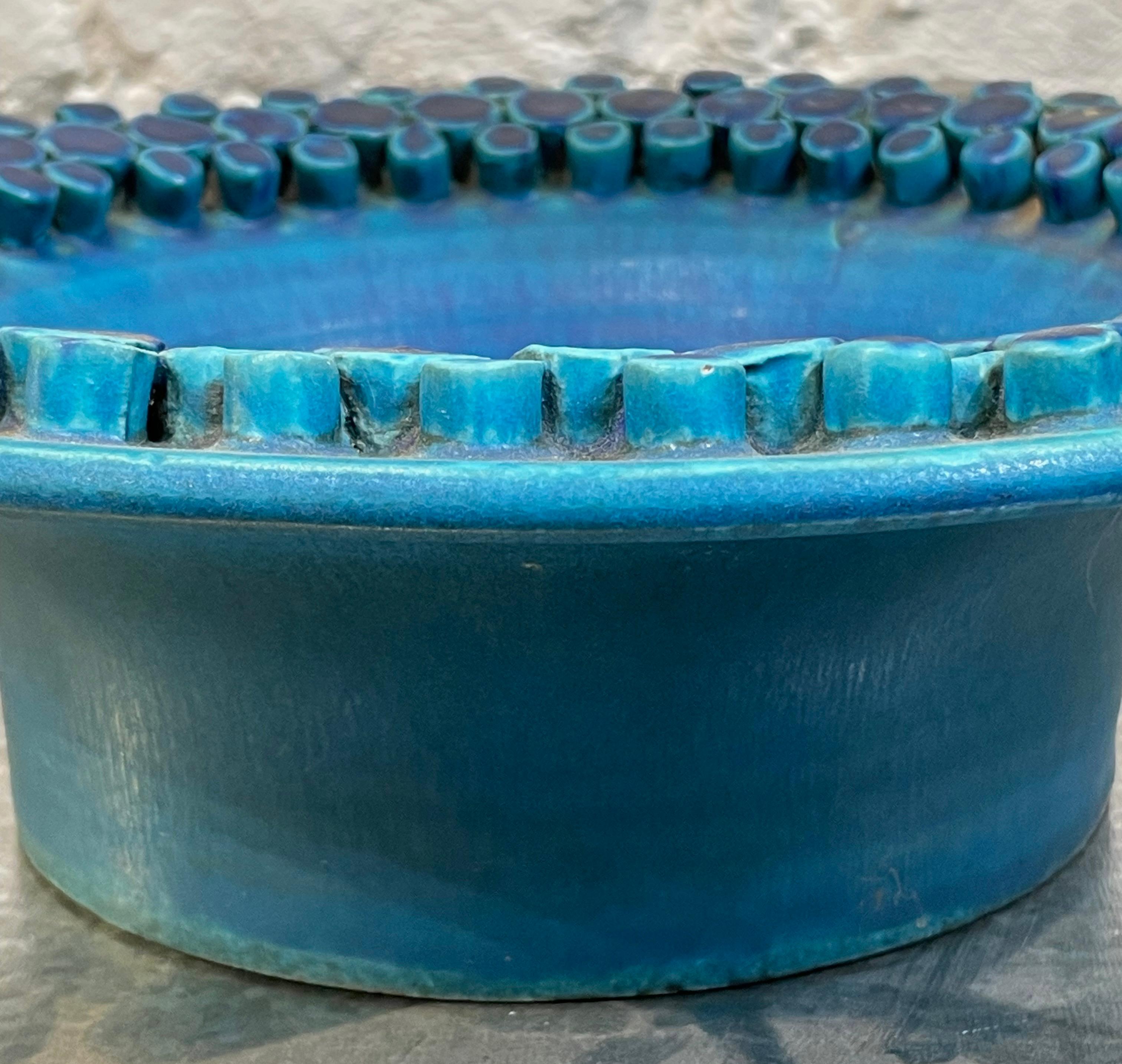 Ceramic Blue Matte Glazed Geometric Pattern Border Footed Bowl, France, Mid Century For Sale