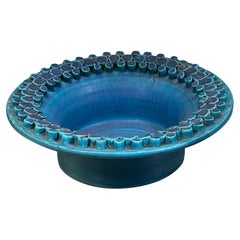 Blue Matte Glazed Geometric Pattern Border Footed Bowl, France, Mid Century