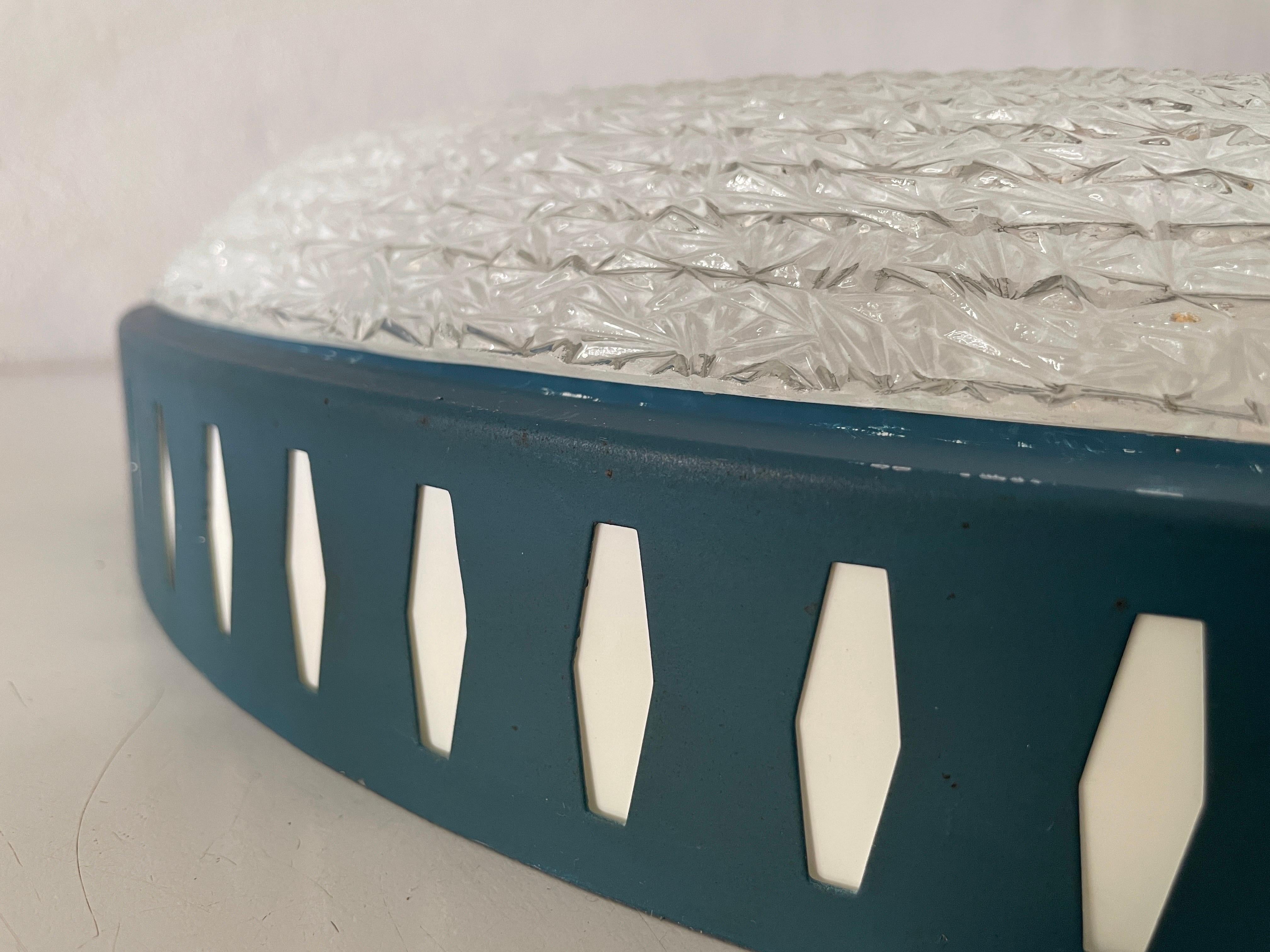 Blue Metal and Ice Glass Flush Mount Light by Hillebrand, 1950s, Germany In Excellent Condition For Sale In Hagenbach, DE