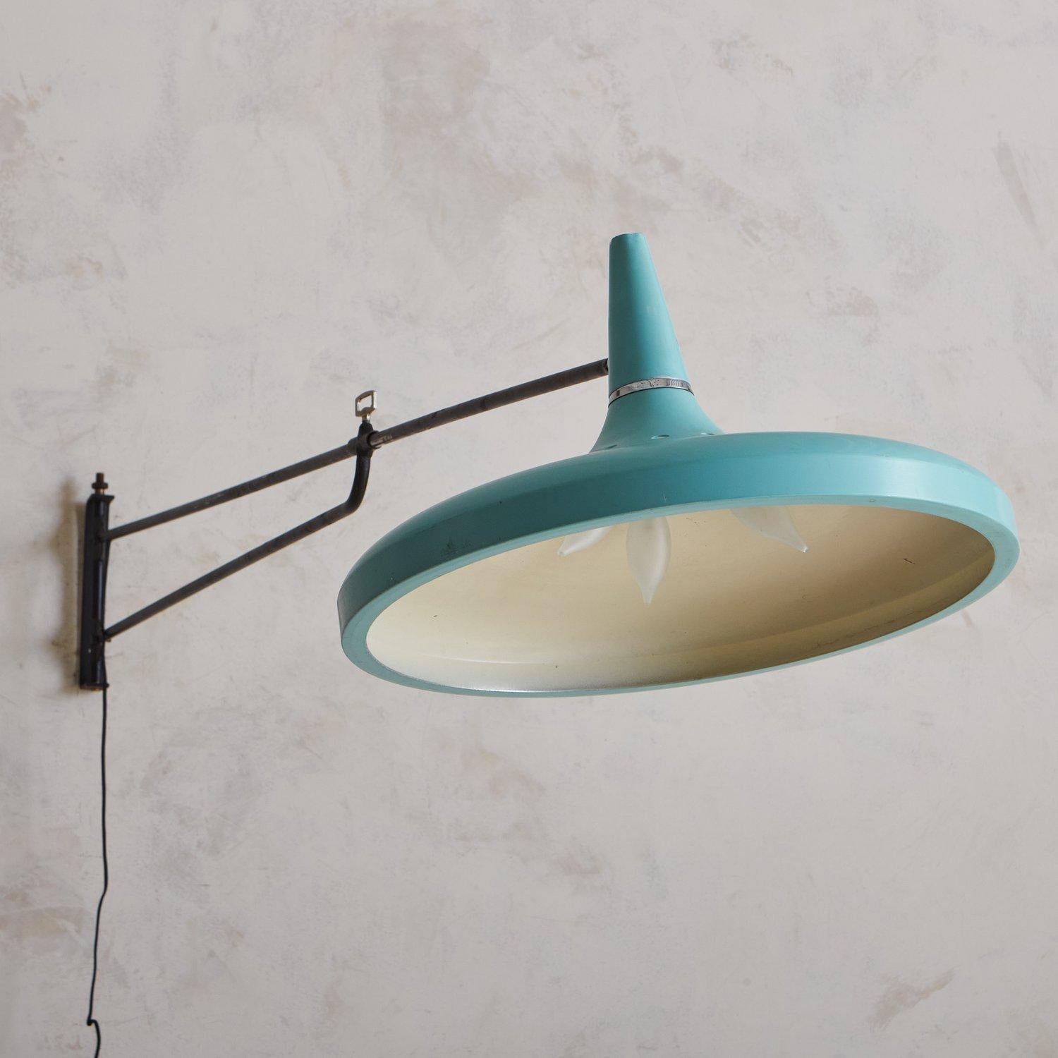Mid-Century Modern Blue Metal Long Arm Swivel Sconce, France, 20th Century For Sale