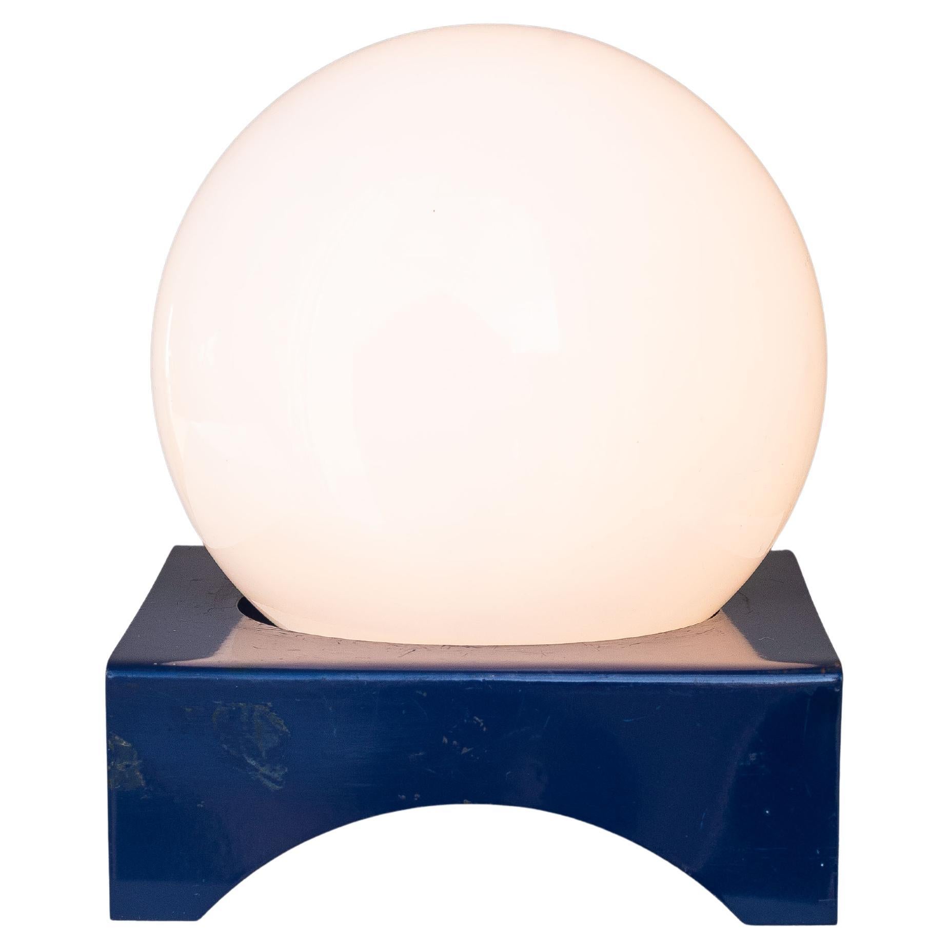Blue Metal Table Lamp with Opaline Globe - Italian Space Age Lamp - 1970s For Sale