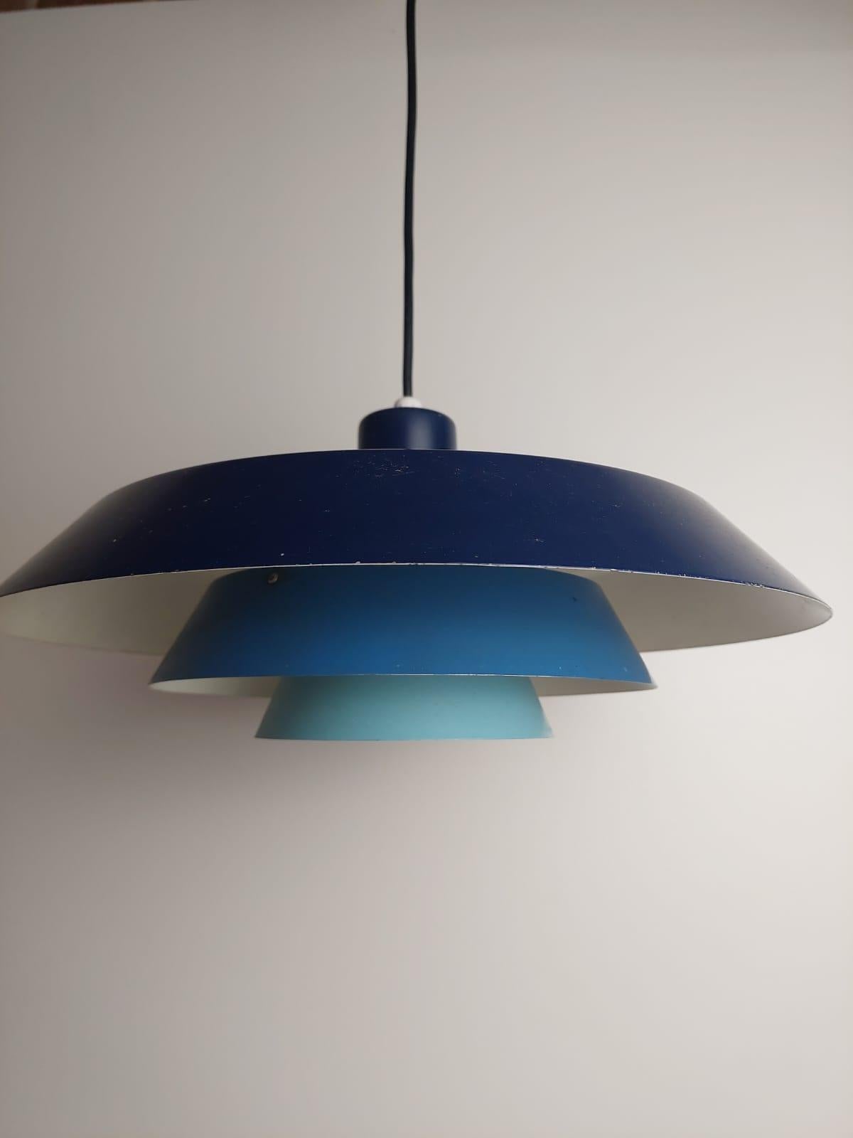Blue metal 'Troika' pendant, Bent Karlby for Lyfa, Denmark 1960s
