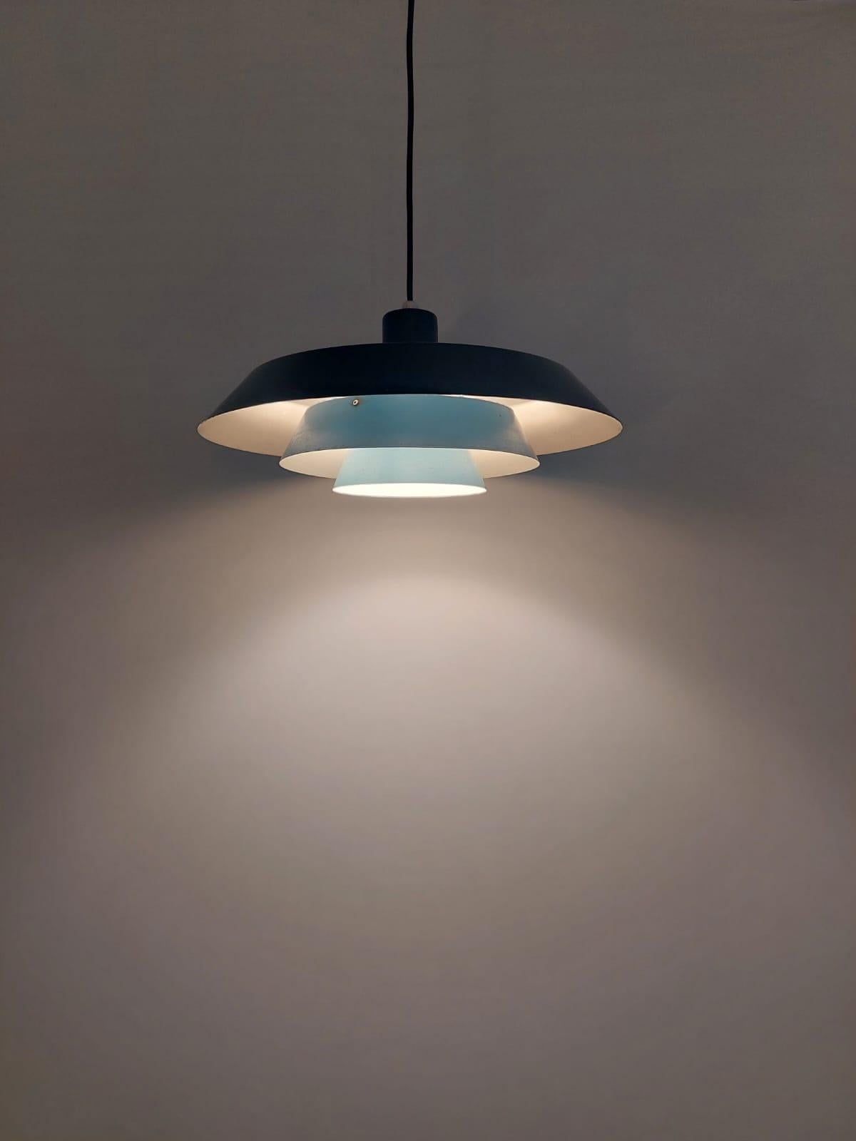 Mid-Century Modern Blue metal 'Troika' pendant, Bent Karlby for Lyfa, Denmark 1960s For Sale