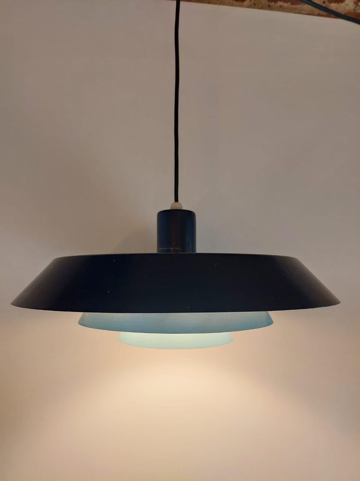 Danish Blue metal 'Troika' pendant, Bent Karlby for Lyfa, Denmark 1960s For Sale
