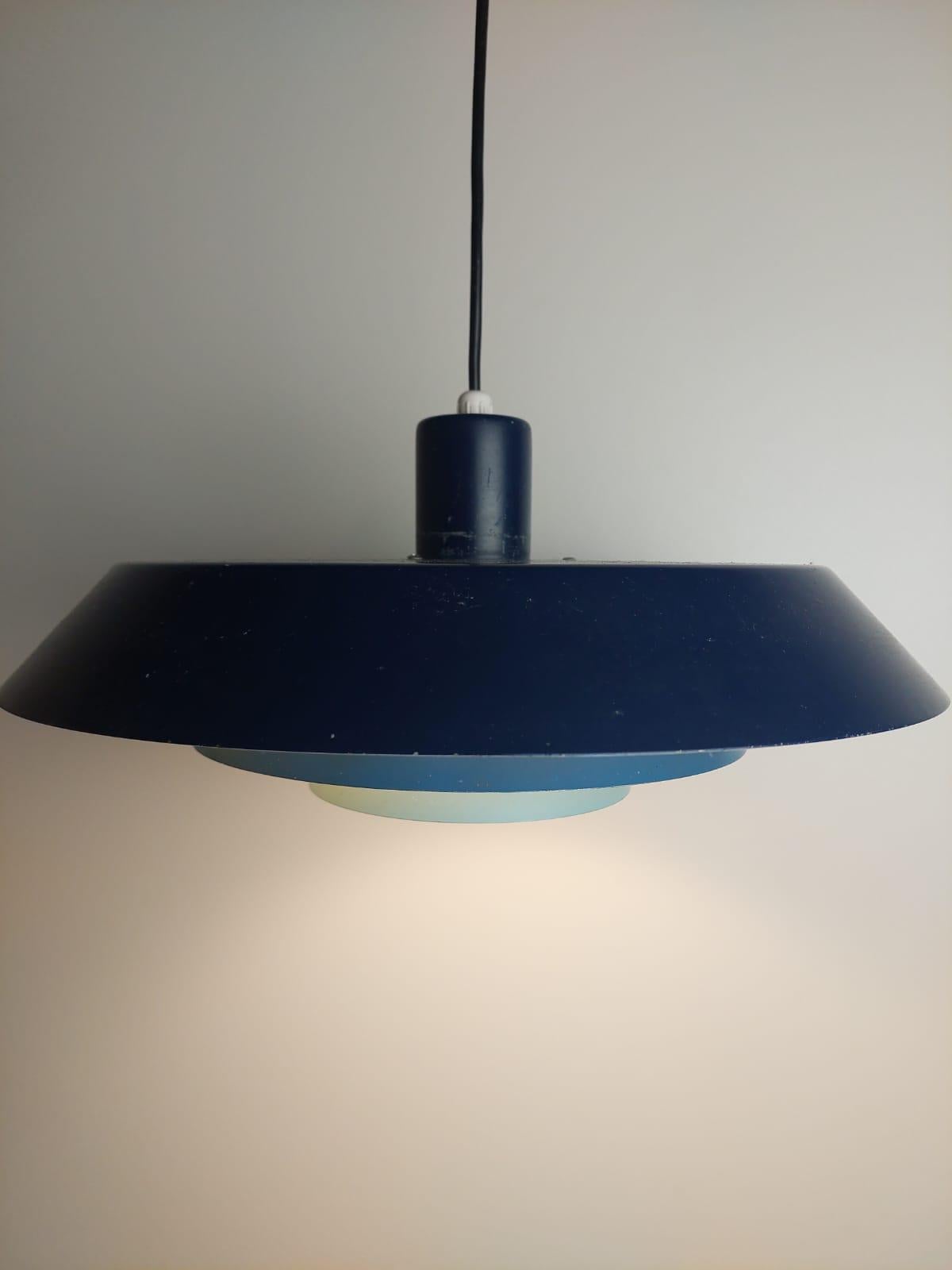 Metal Blue metal 'Troika' pendant, Bent Karlby for Lyfa, Denmark 1960s For Sale