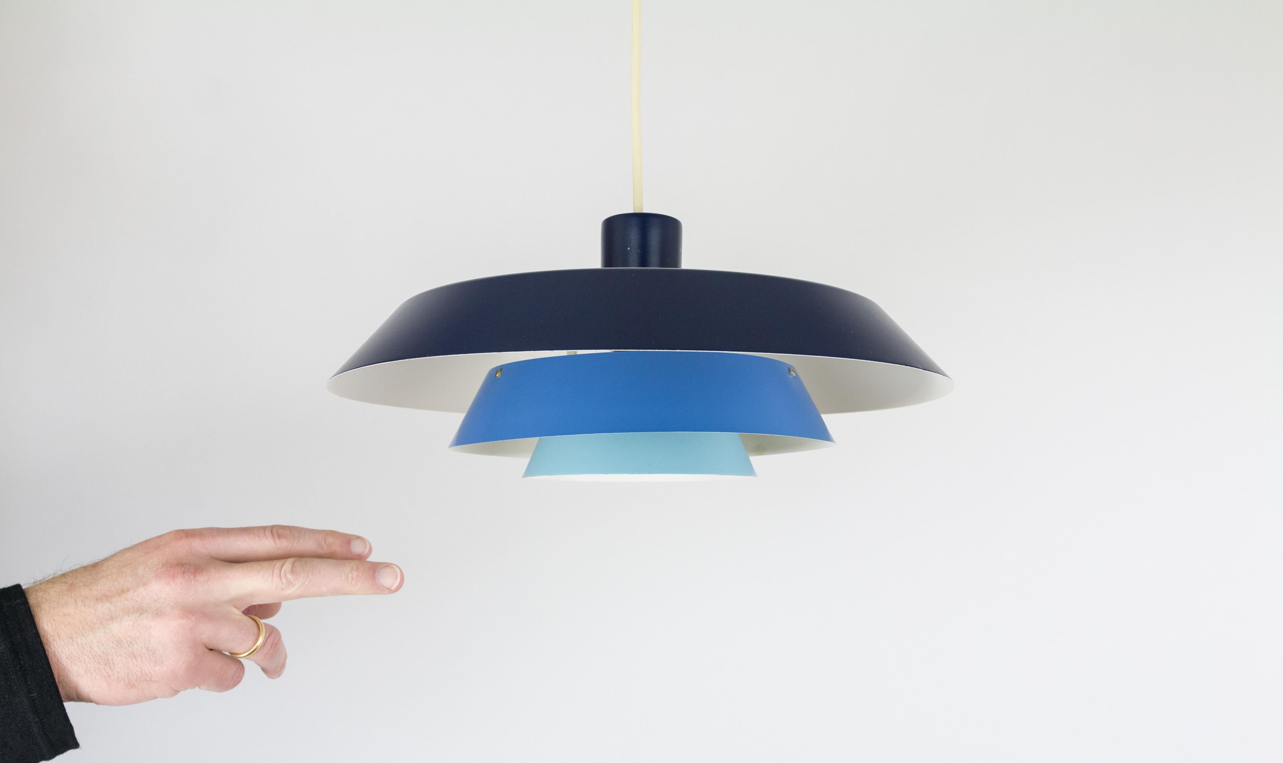 Lacquered Blue Metal Troika Pendant by Bent Karlby for Lyfa, 1960s